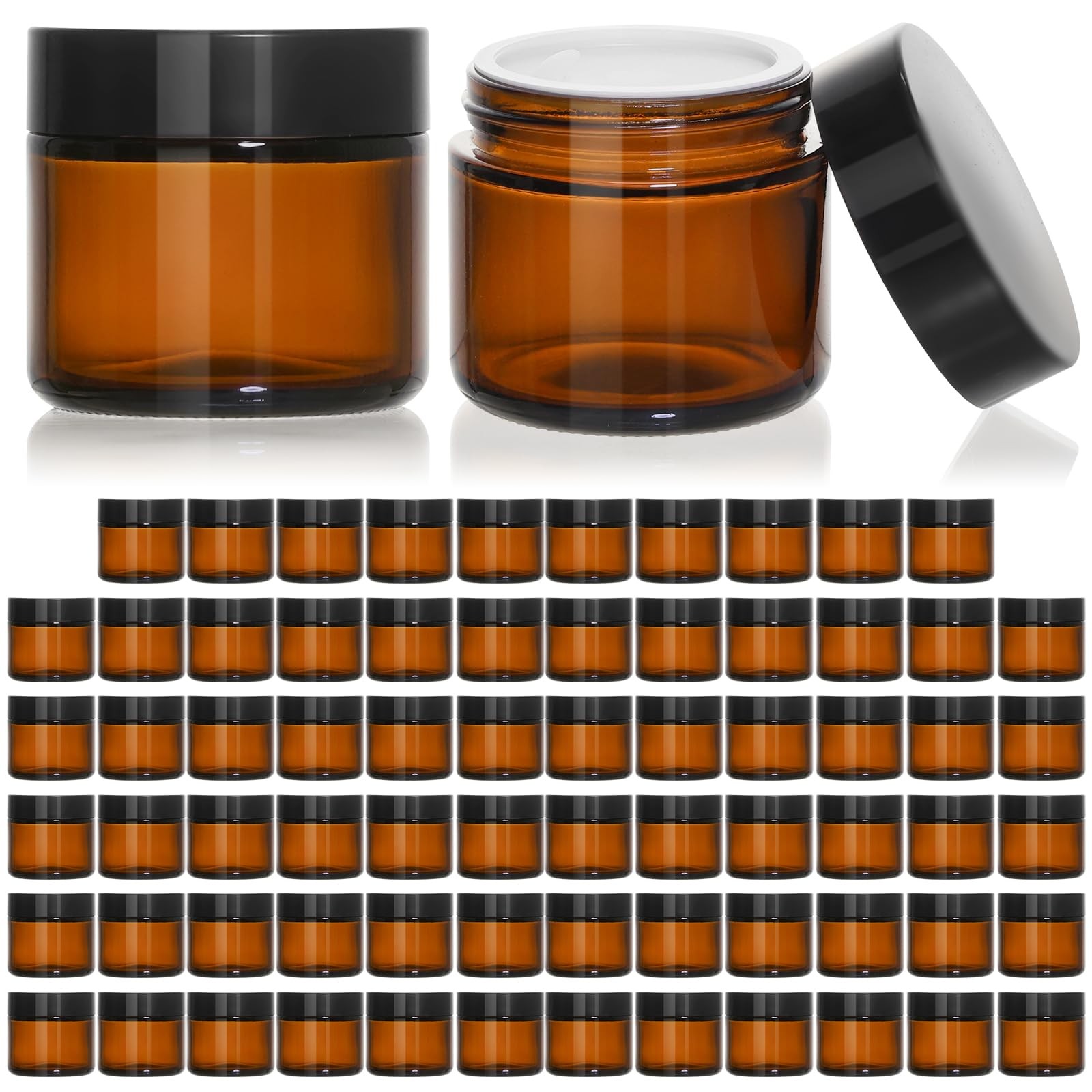 KEYWING 70x 2oz Amber Glass Jars w/ Black Lids Sample Cosmetic Cream Lotion Jars