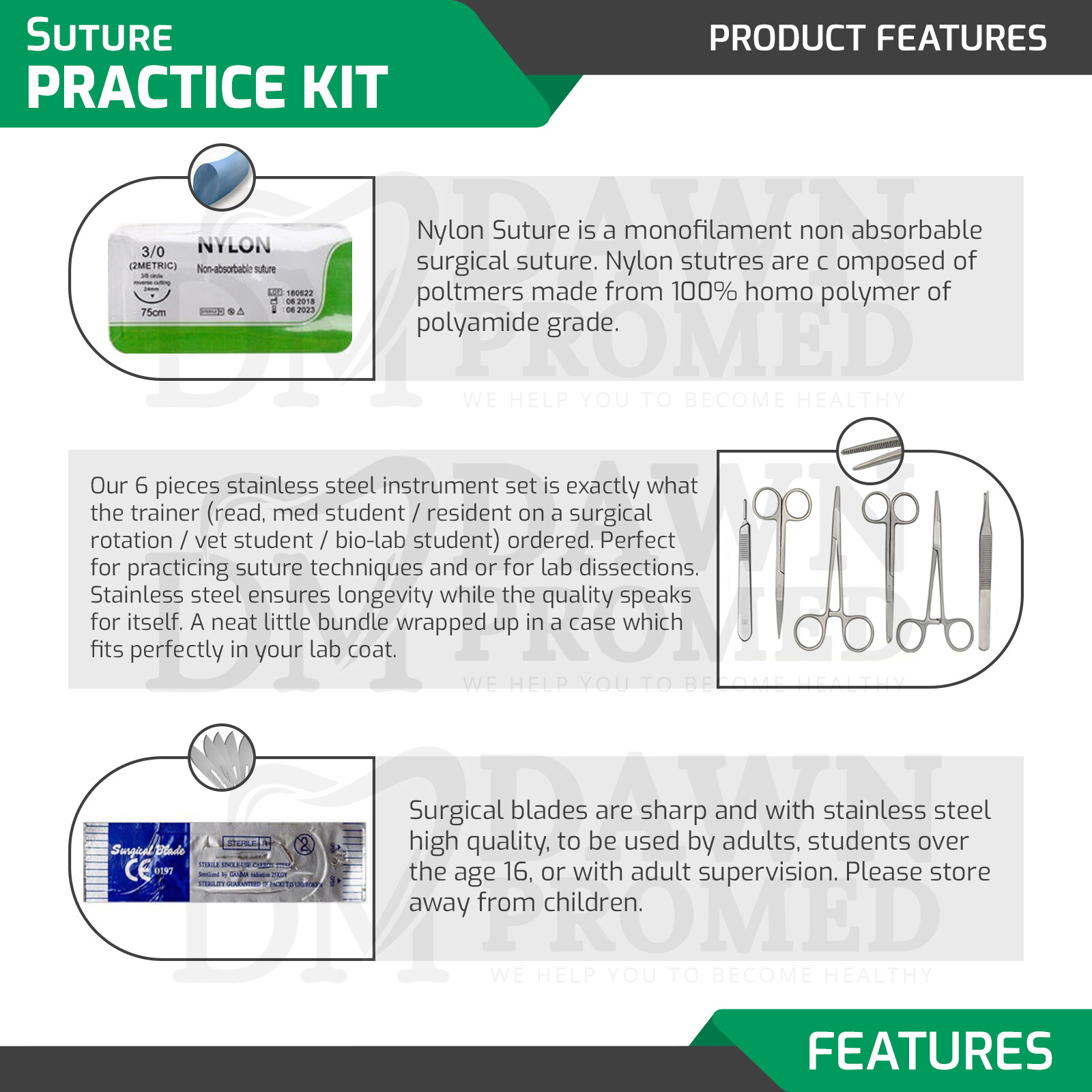 41 Pieces Practice Suture Kit With Pad Veterinary Medical Student German Grade