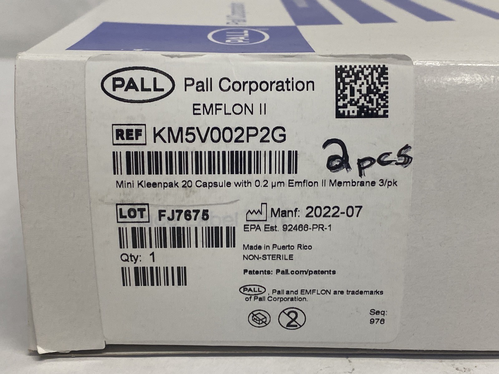 (2) PALL Mini Kleenpak Filter Capsules w/0.2um Emflon II Membrane KM5V002P2G