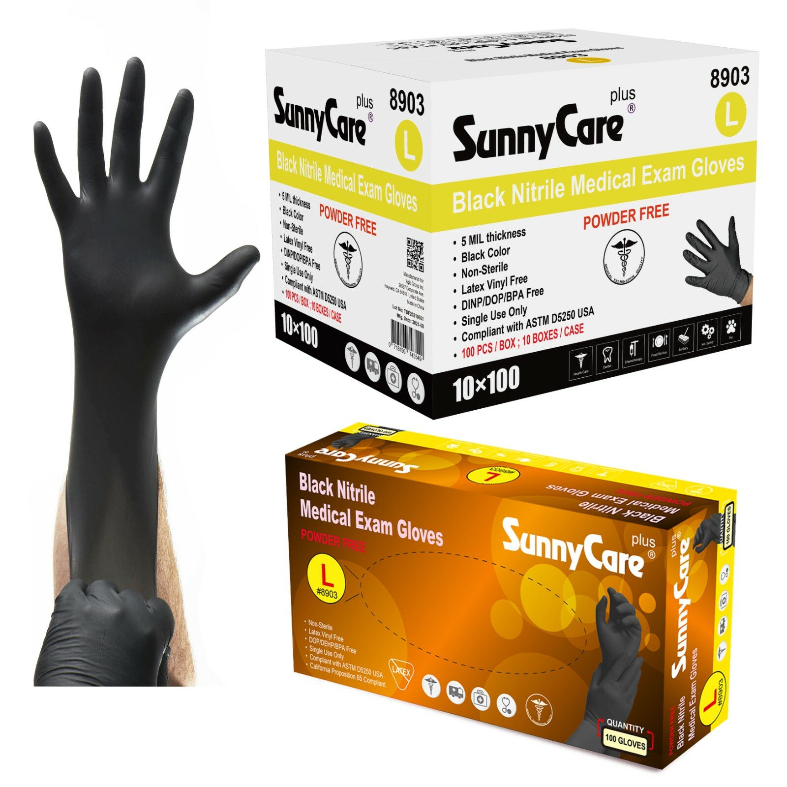 1000/case #8903 SunnyCare 5Mil Black Nitrile Exam Gloves (Non Vinyl Latex) Large