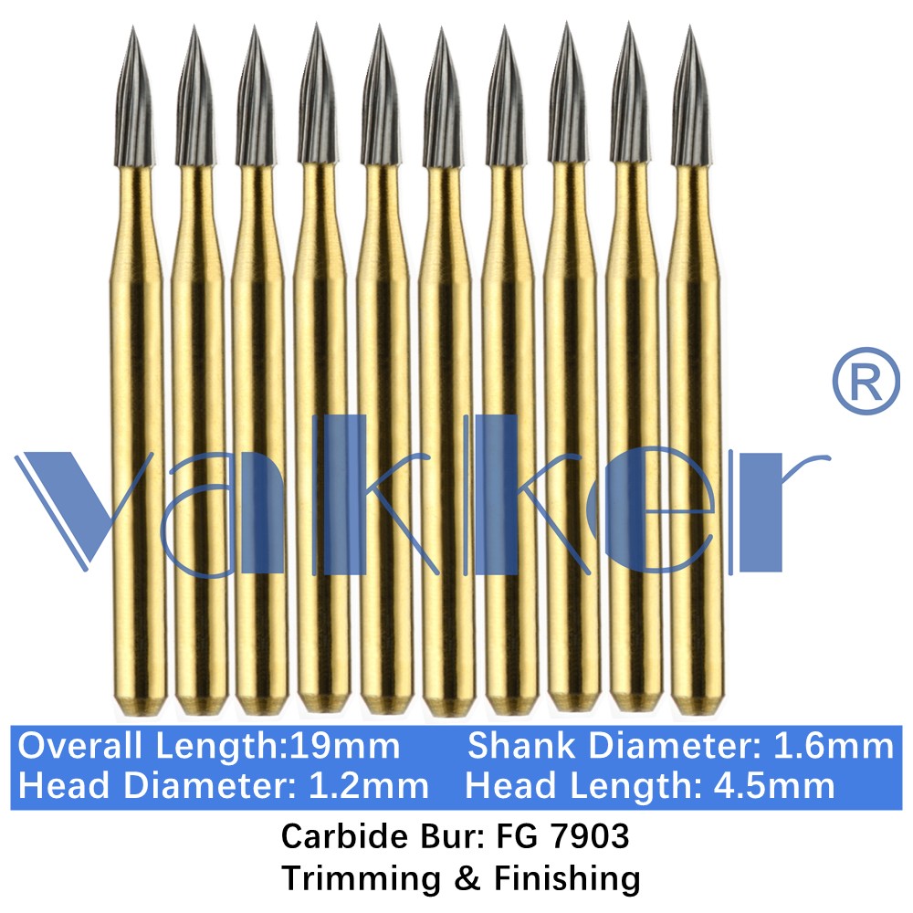 10-100pcs Vakker Dental Trimming Finishing Carbide Burs Gold Needle Burs FG 7903