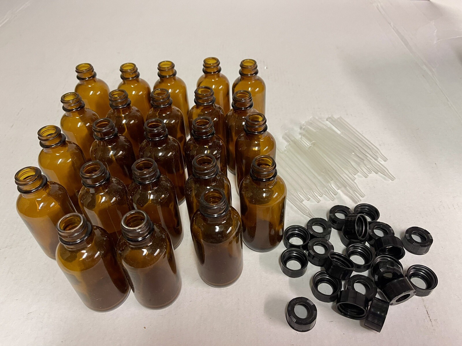 Amber Glass Bottles 60mL 2 ounces open caps droppers Lot of 23