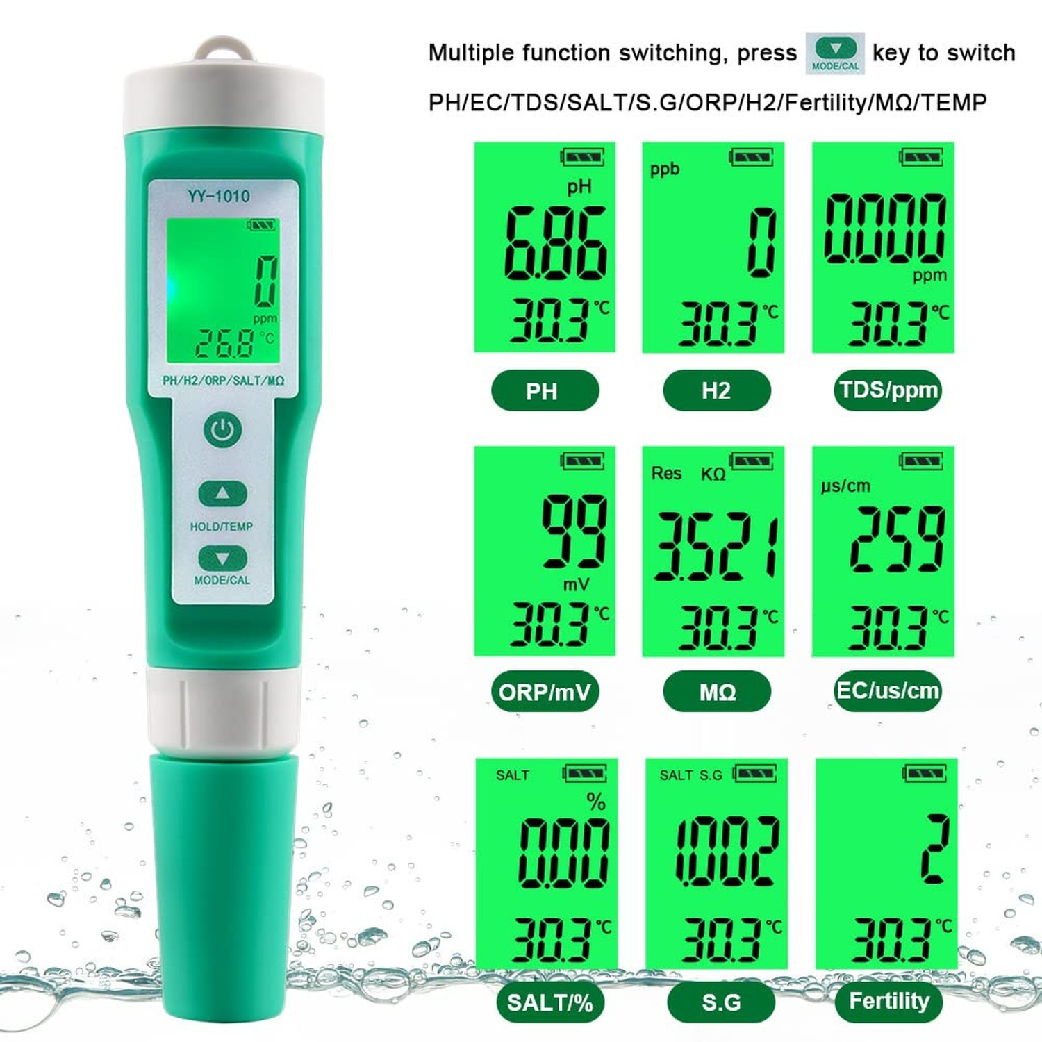 Hydrogen Water Tester 10 in 1 Resistivity/Fertility/H2/pH/TDS/EC/ORP/S.G/Salt…