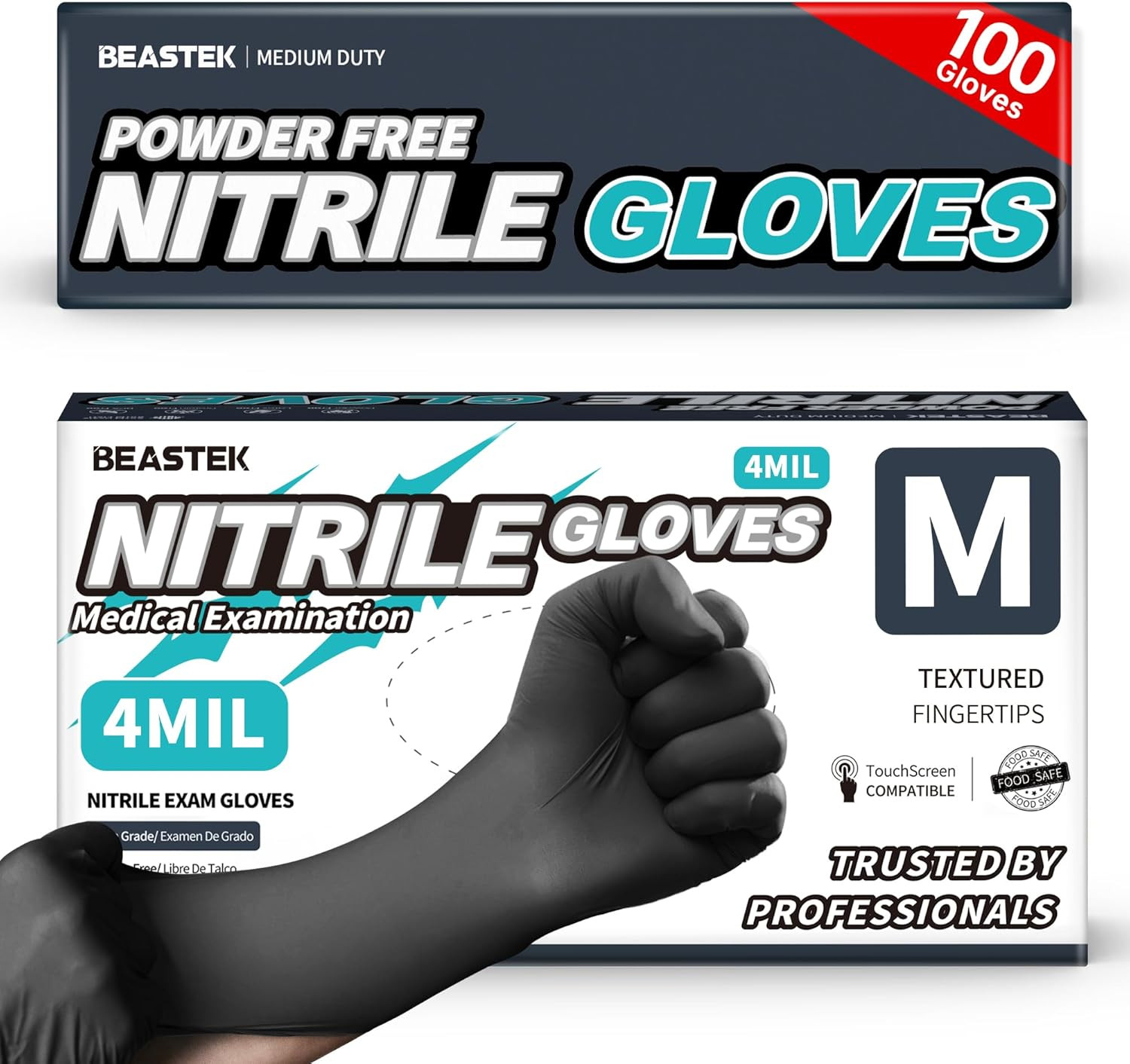 Beastek Black Disposable Nitrile Exam Gloves 100 Pcs 4Mil Chemical Resistant Pow