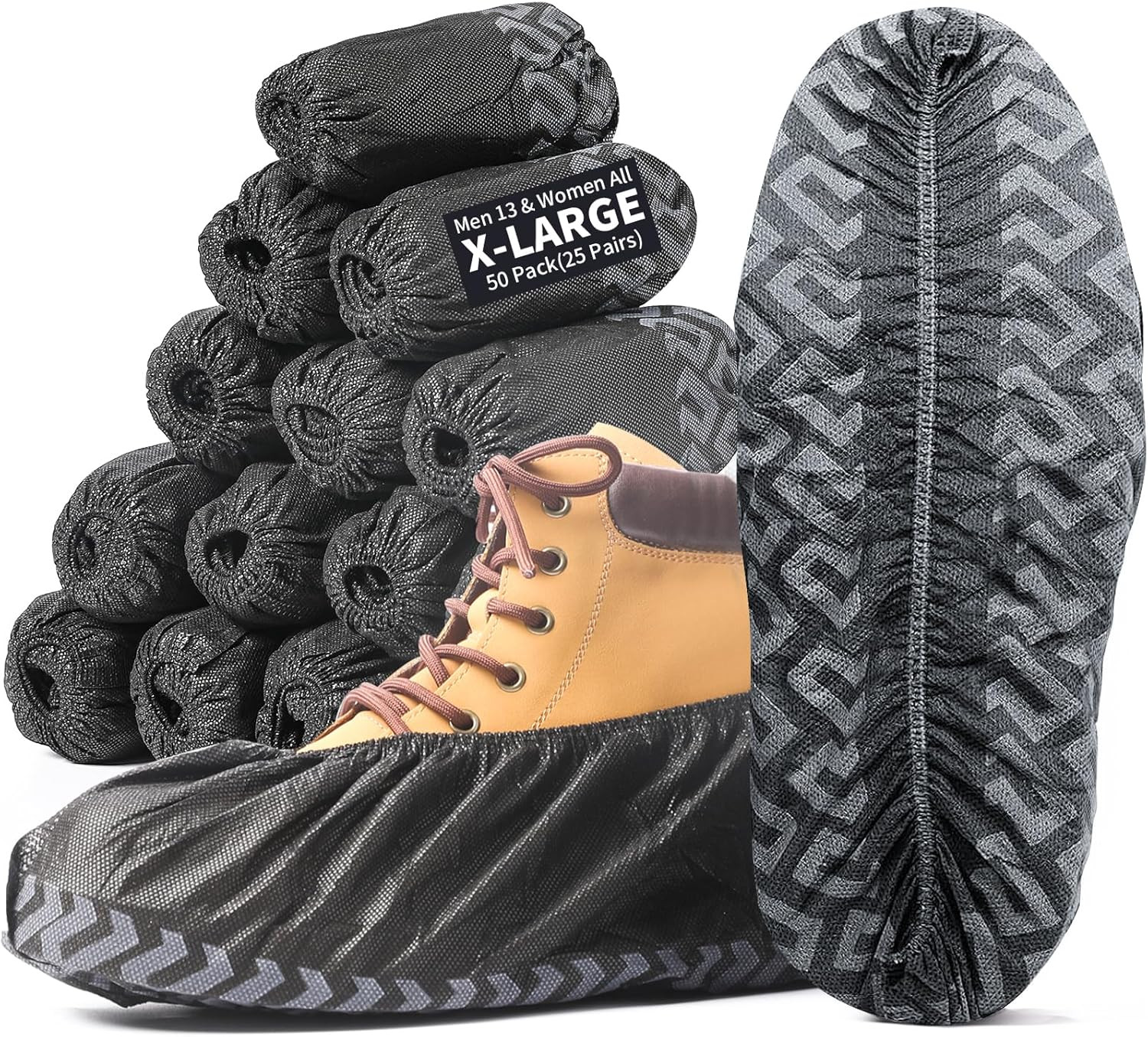 X-Large 50 Pack Shoe Covers Disposable Non-Slip, Black Non-Woven Fabric Boot Cov