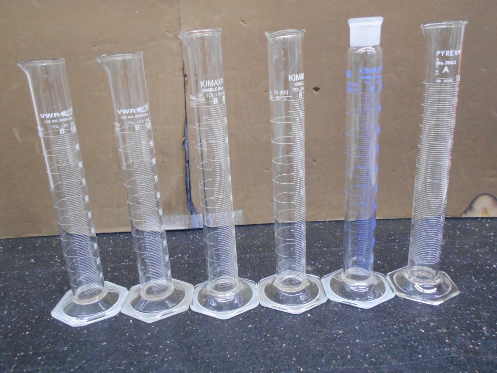 100mL GLASS GRADUATED CYLINDERS VWR KIMBLE & PYREX LOT OF 6