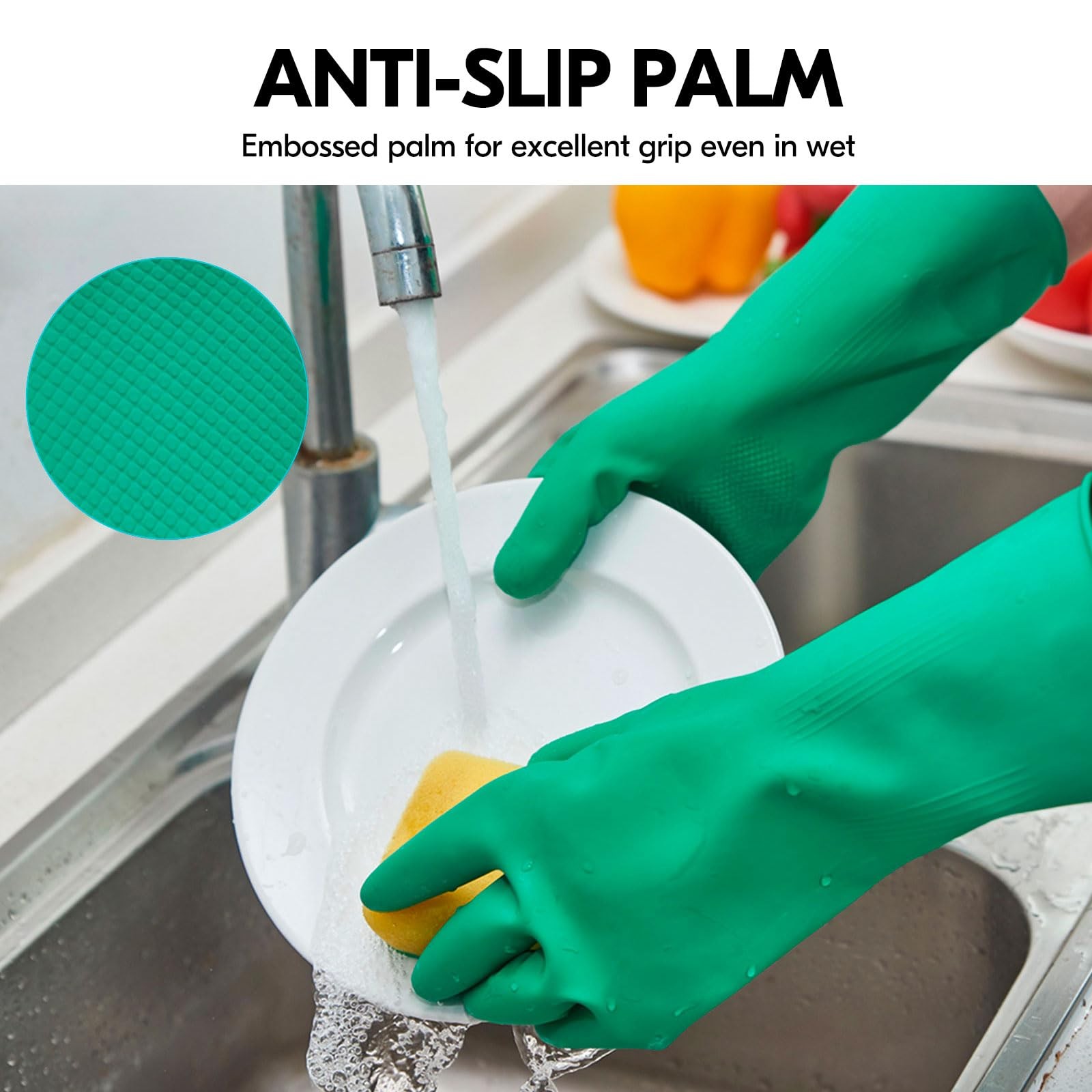 Reusable Rubber Dishwashing Gloves, Long Sleeve, Thick, Size M, Green
