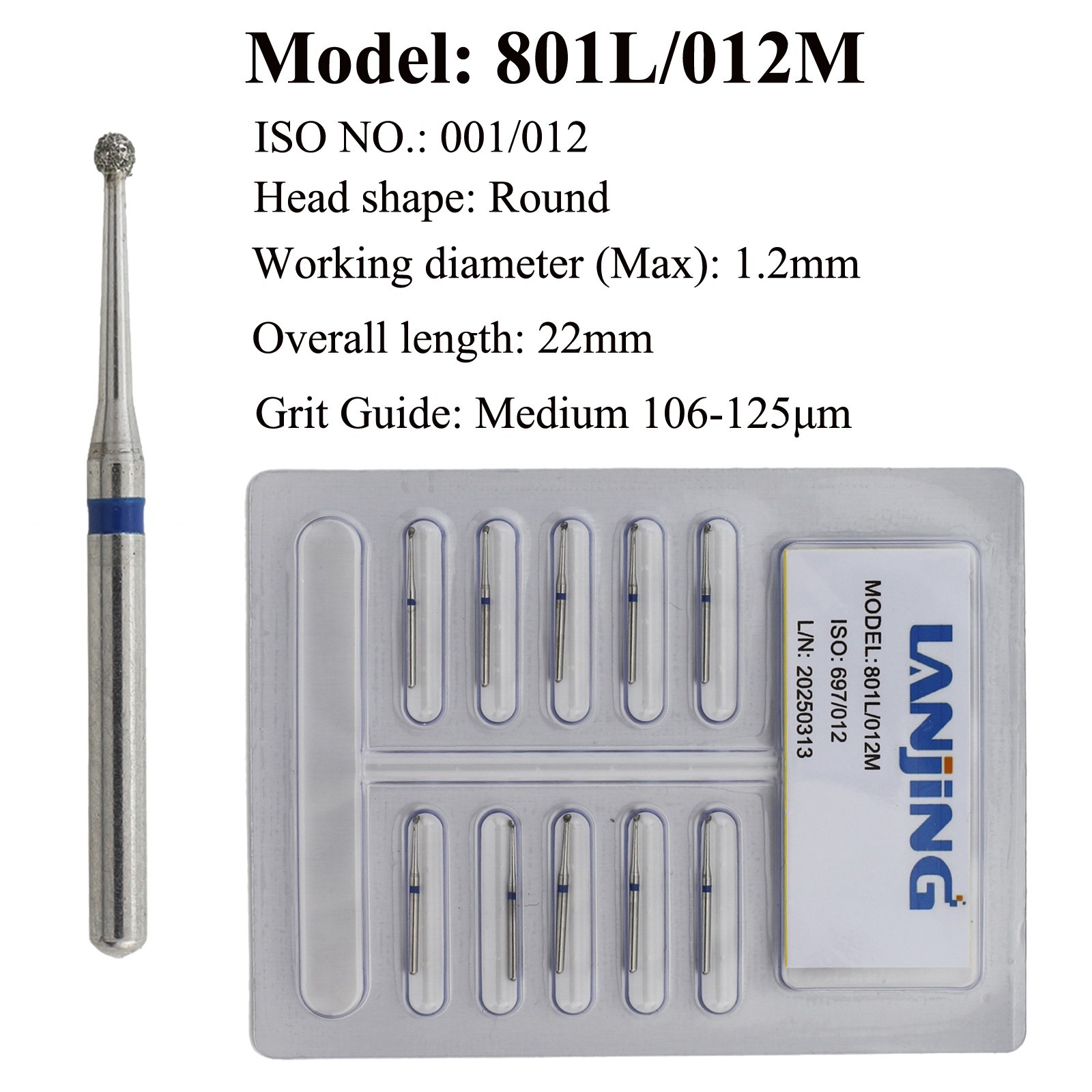 Dental Diamond Bur Round 22mm FG 801L/012 018 Medium Long Shank Burs High Speed