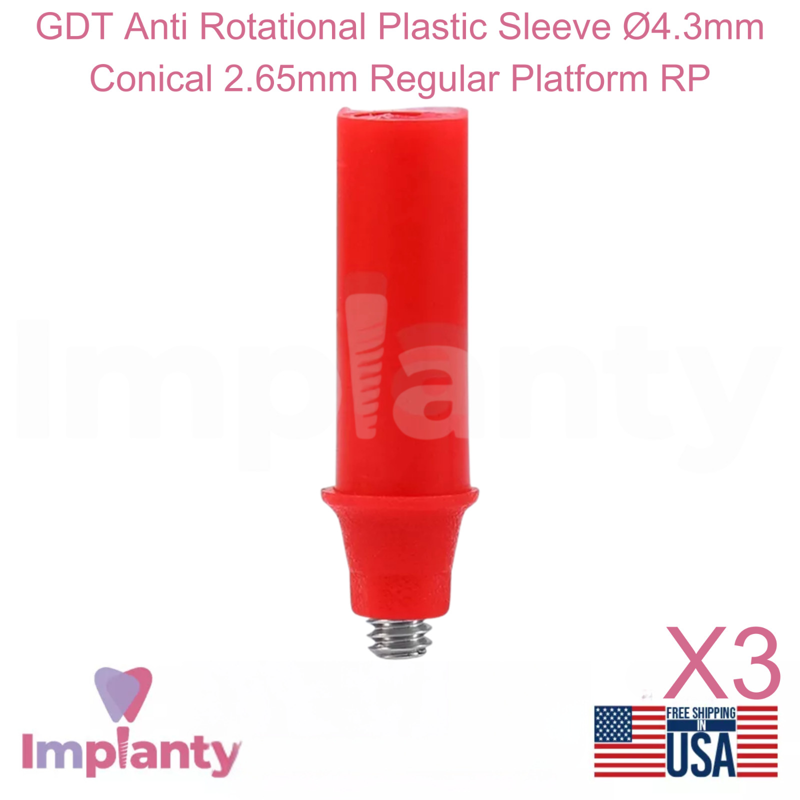 3x GDT Anti Rotational Plastic Sleeve Ø4.3mm Conical 2.65mm Regular Platform RP