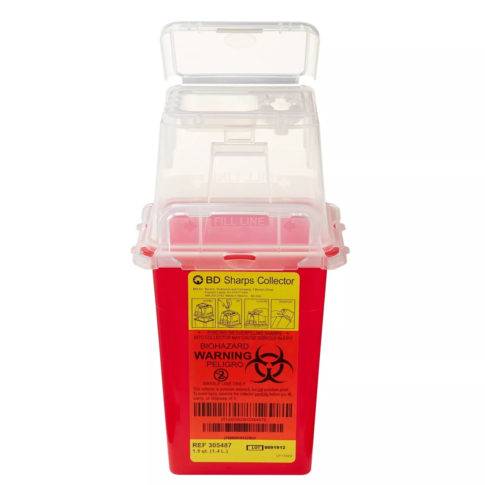 BD Phlebotomy Sharps Container 1.5 Quart Red Waste Collector 305487