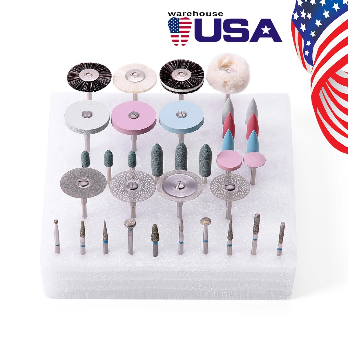 35Pc Dental Lab Polishing Diamond Burs Brush Kit 2.35mm For Ceramics Porcelain