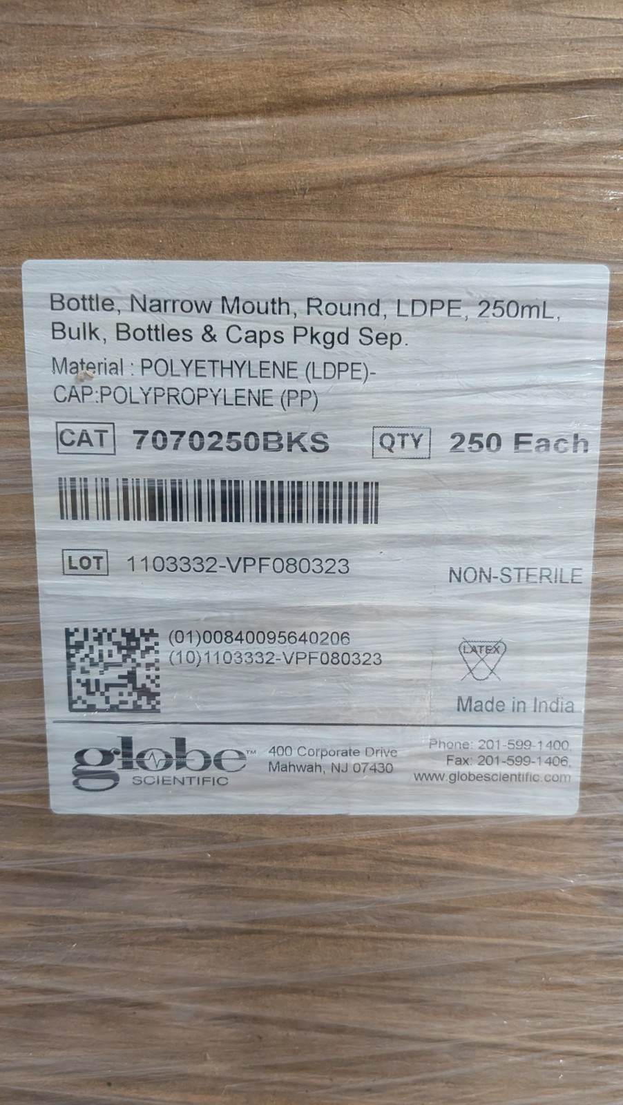250ea Globe Scientific LDPE 250mL Narrow Mouth Bottles w/ Caps NEW