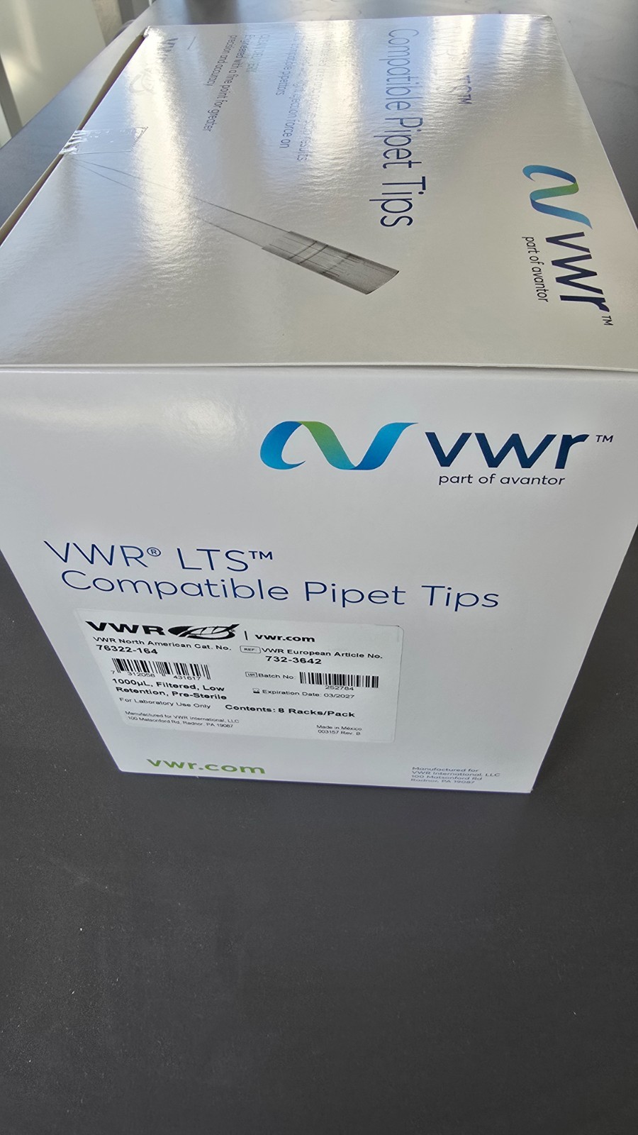 VWR Pipette Tips LTS Compatible 1000ul, Filtered, Low-Retention, 96/rack 8 racks