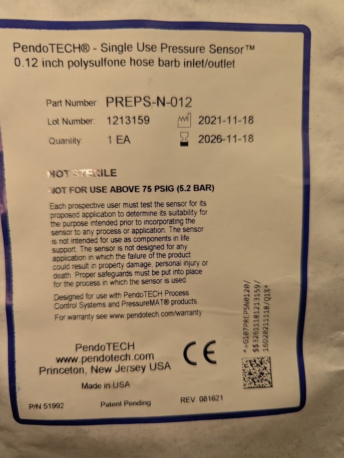 PendoTECH Single Use Pressure Sensor PS 0.12” Hose Barb Inlet Outlet PREPS-N-012