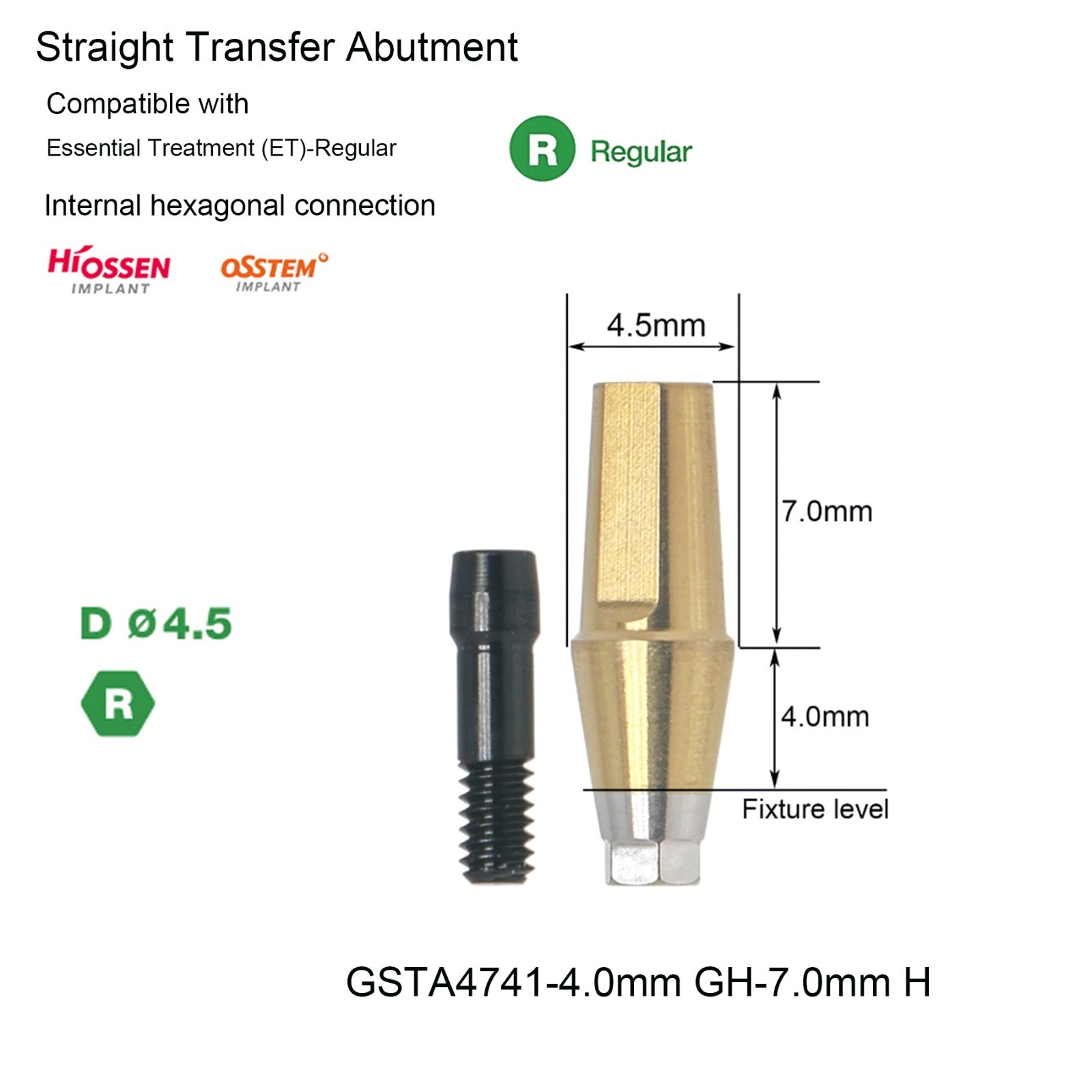 Hiossen Titanium Dental Regular Straight Abutment Hex Fit ET Ø4.5mm GH 1.0-5.0mm