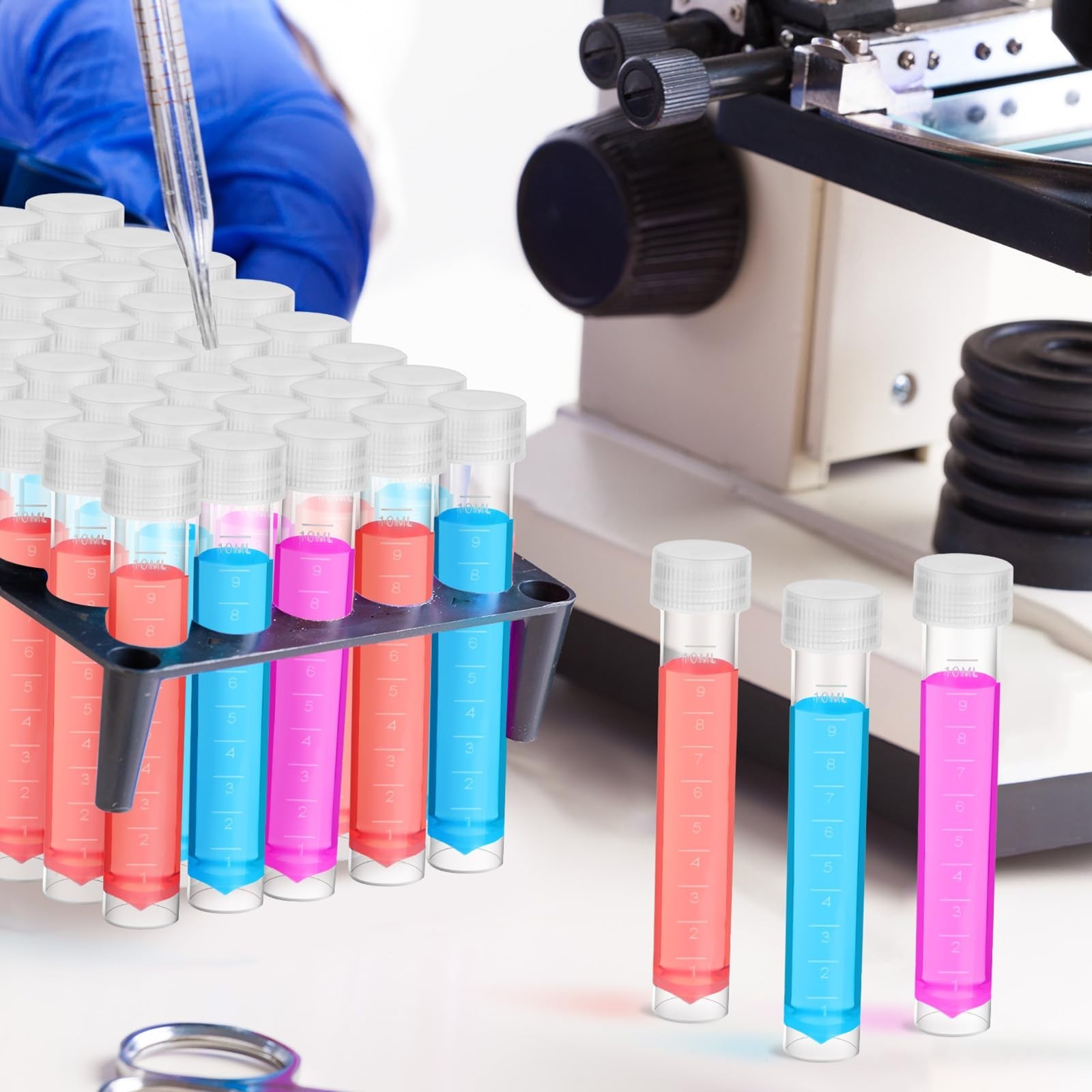 200 Pcs 10ml Plastic Test Tubes with Lids & Silicone Rings for Science, Samples