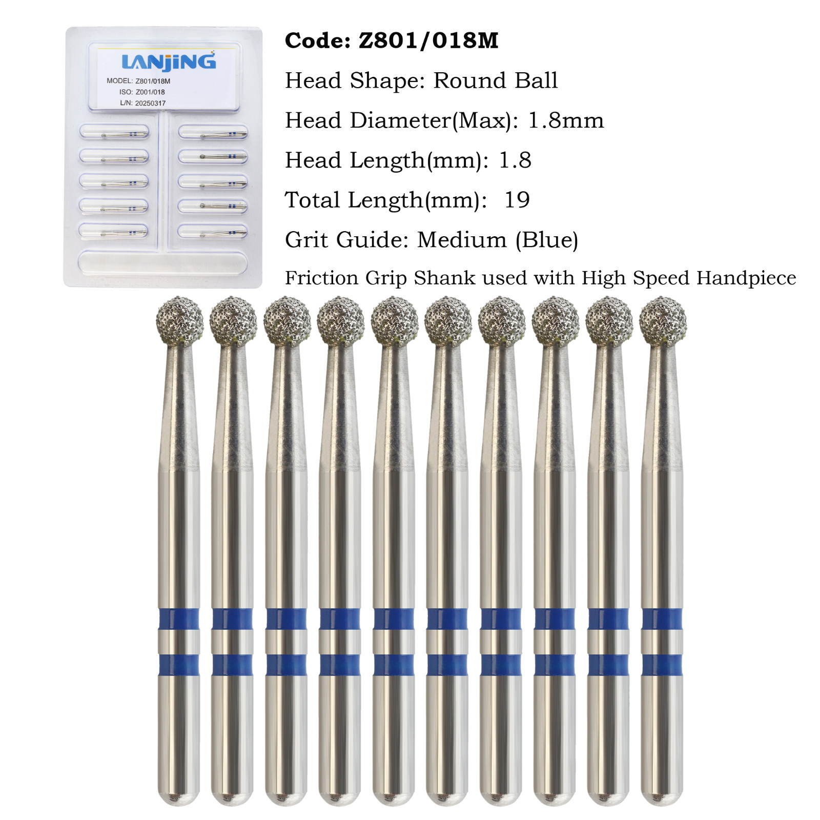 Diamond Burs Zirconia Cutting Round Ball Z801/018M Medium Grit FG Friction Grip