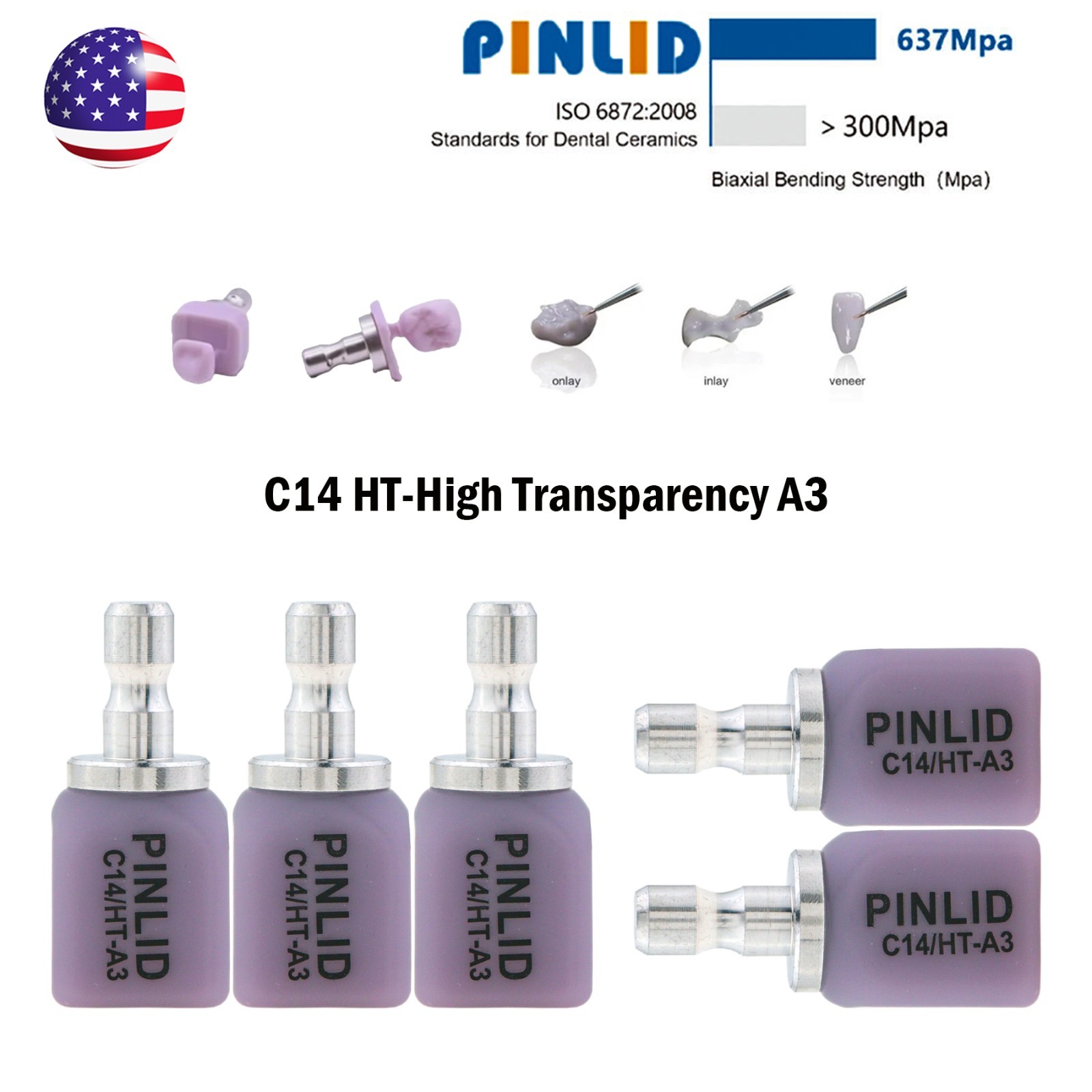 US C14 Glass Ceramic Blocks HT Lithium Disilicate CAD/CAM Cerec Blocks 5Pcs/Box