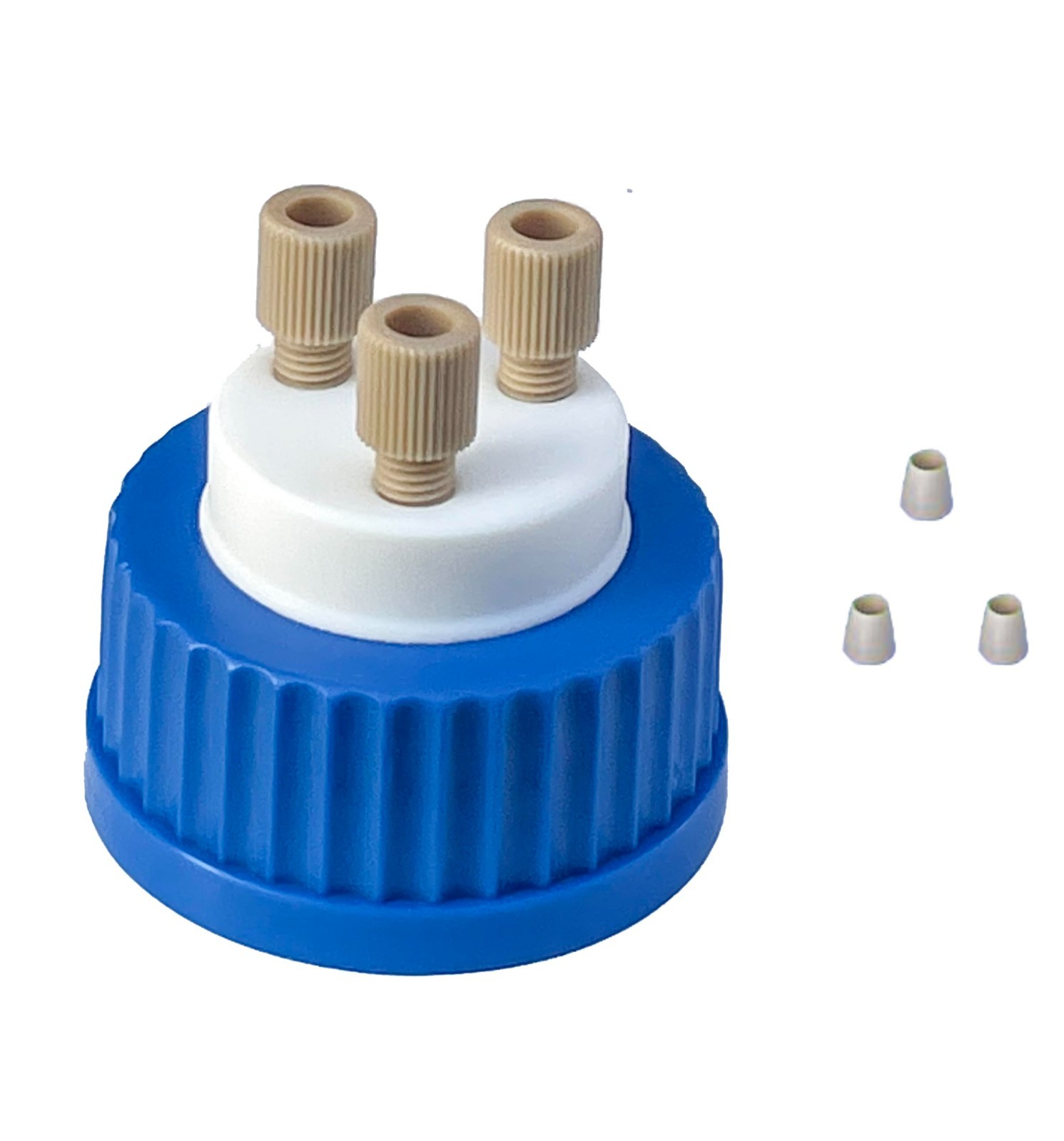 3-Port Lab Safety Cap with 1/4″-28 Thread Inserts & PEEK Fitting, GL45 for 1/8″