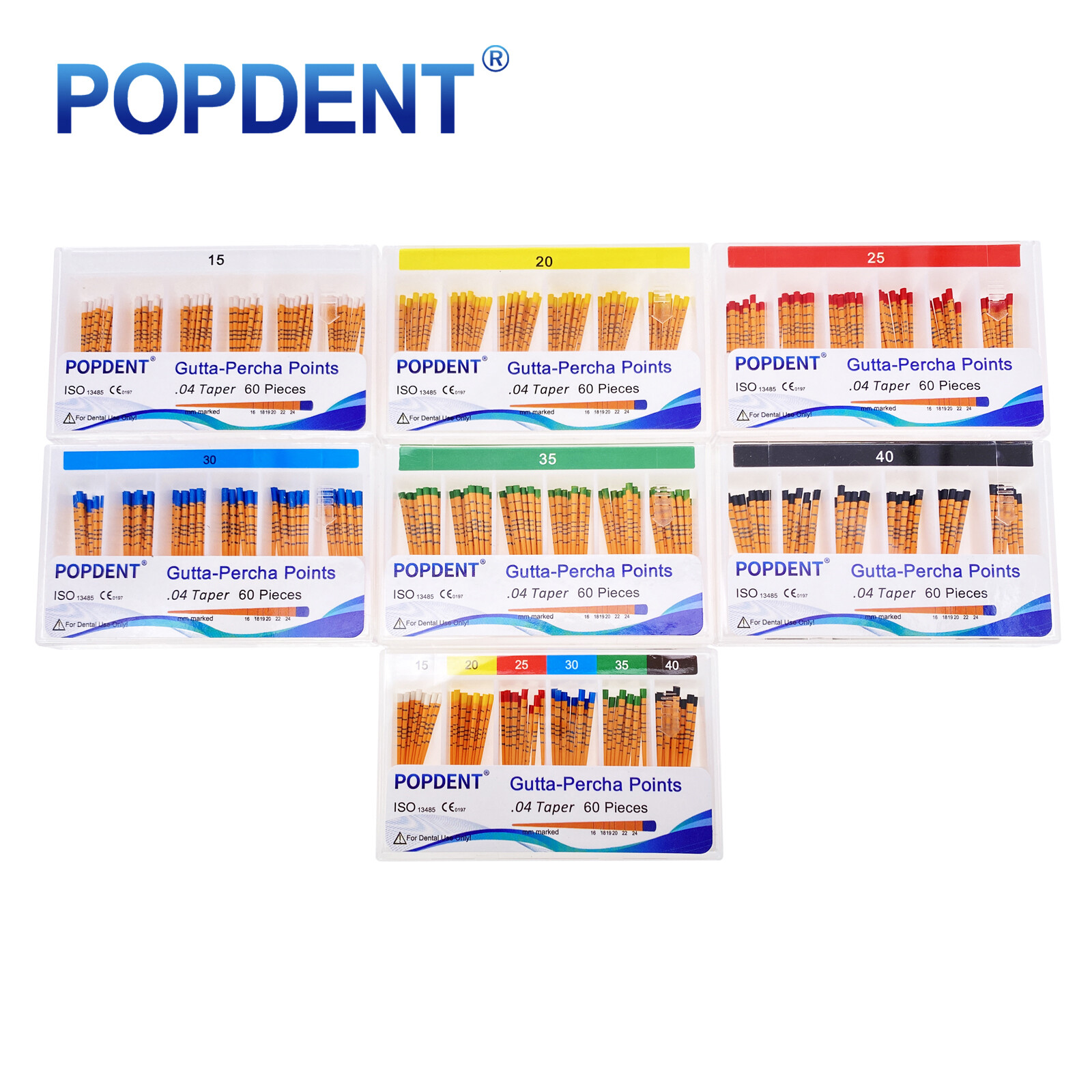POPDENT Gutta Percha Points .02 .04 .06 F1 F2 F3 Standard Multicolor Endo Marked