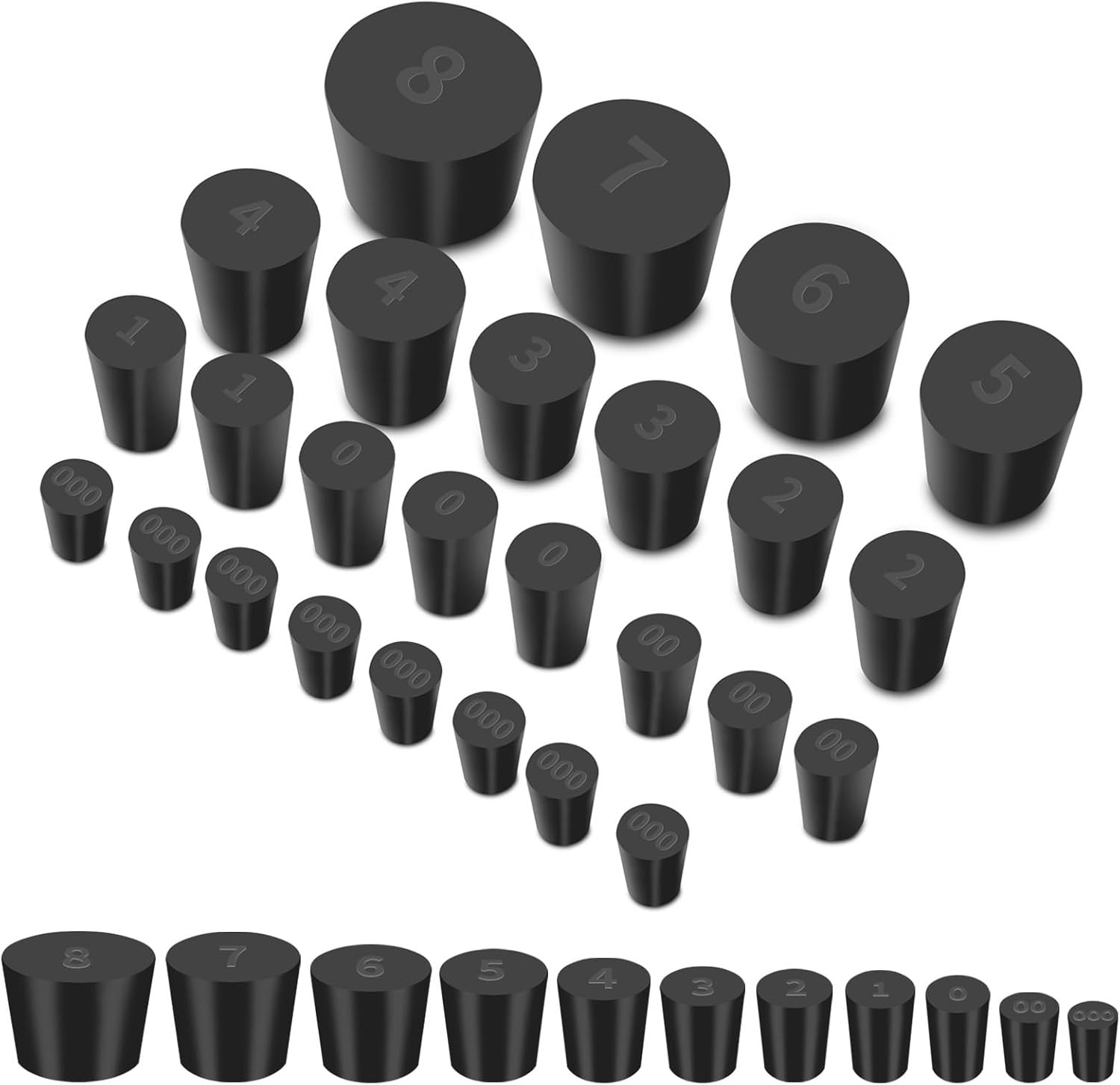 26 Pack Solid Rubber Stoppers – 11 Assorted Sizes Stopper Plugs, 000# – 8# Sizes