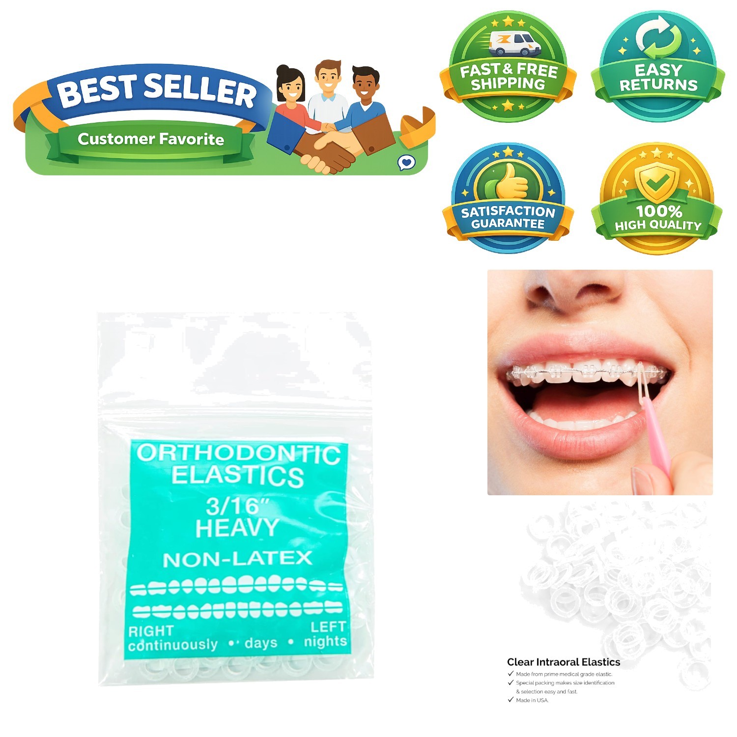 100 Pack Latex-Free Rubber Bands for Orthodontics – 3/16 Inch Heavy Thickness