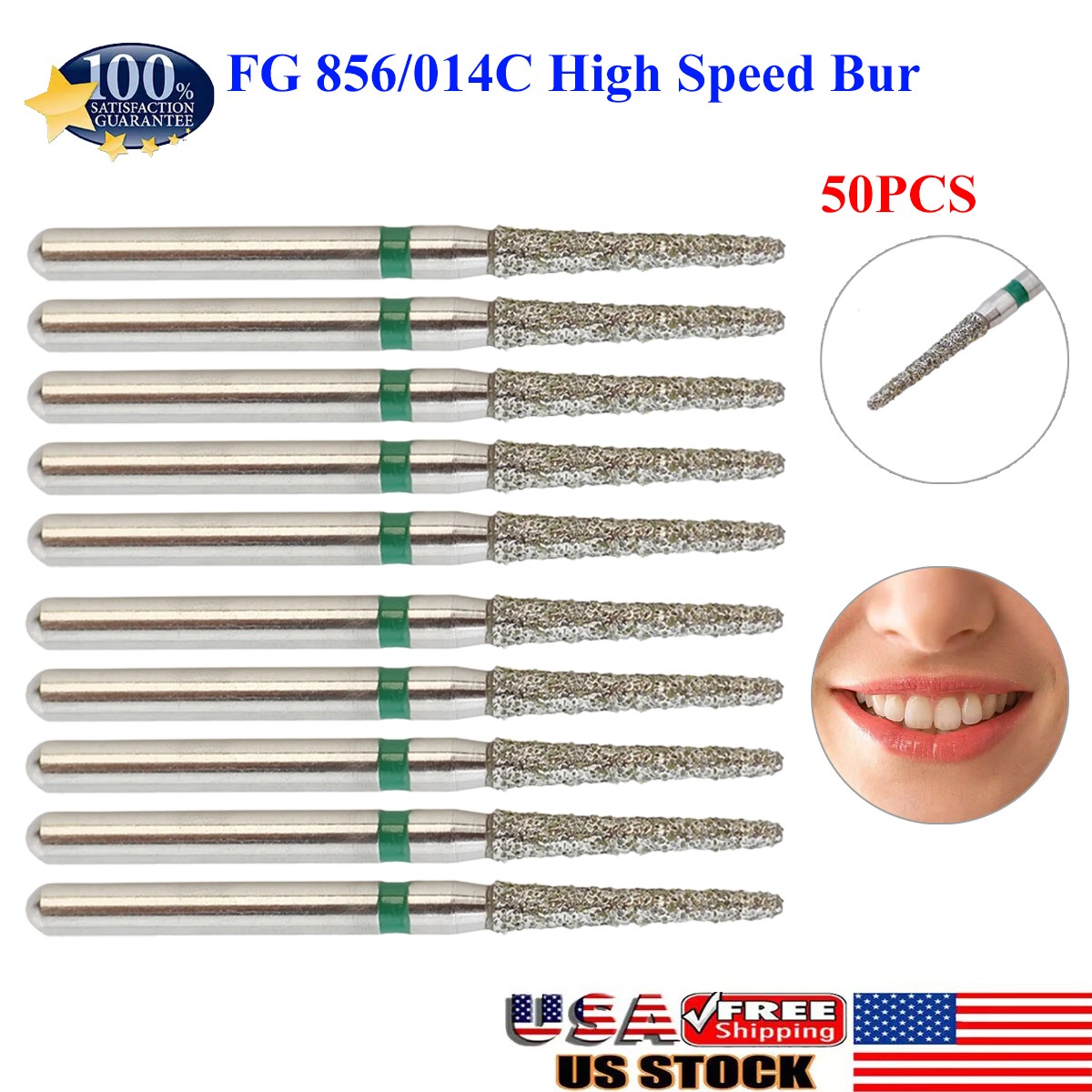 50PC Diamond Burs FG 856/014C Round End Taper High Speed Burr Coarse Grit Green