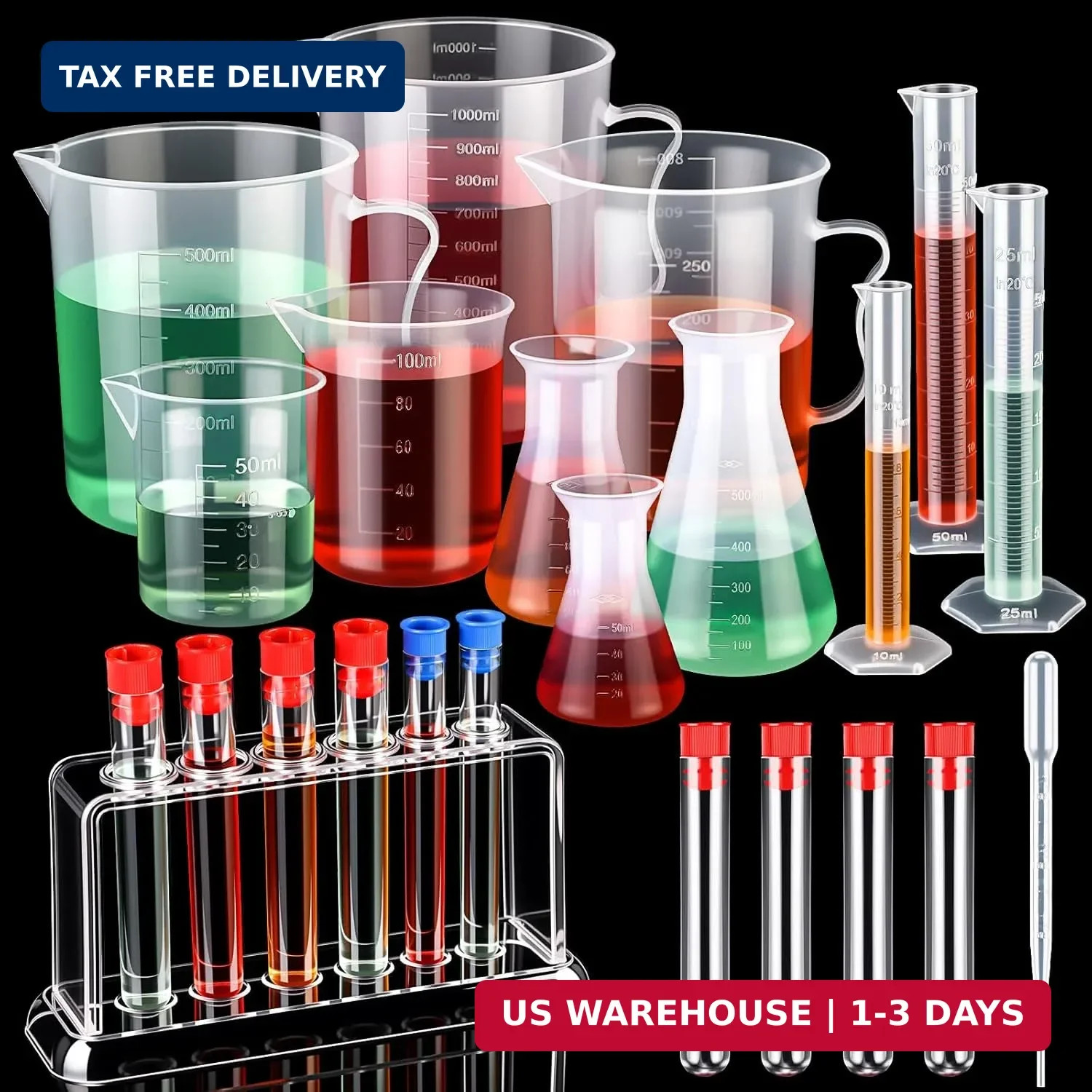Baderke 28 Pcs Beakers and Test Tubes Set Including 3 Graduated Cylinder 5 Plast