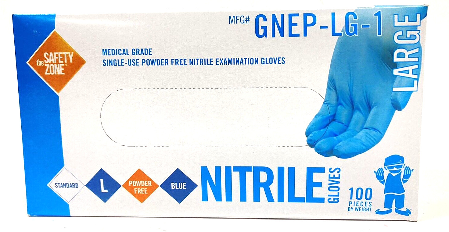 Case of 1000 Safety Zone LARGE Blue Powder-Free Medical Grade Nitrile Gloves New