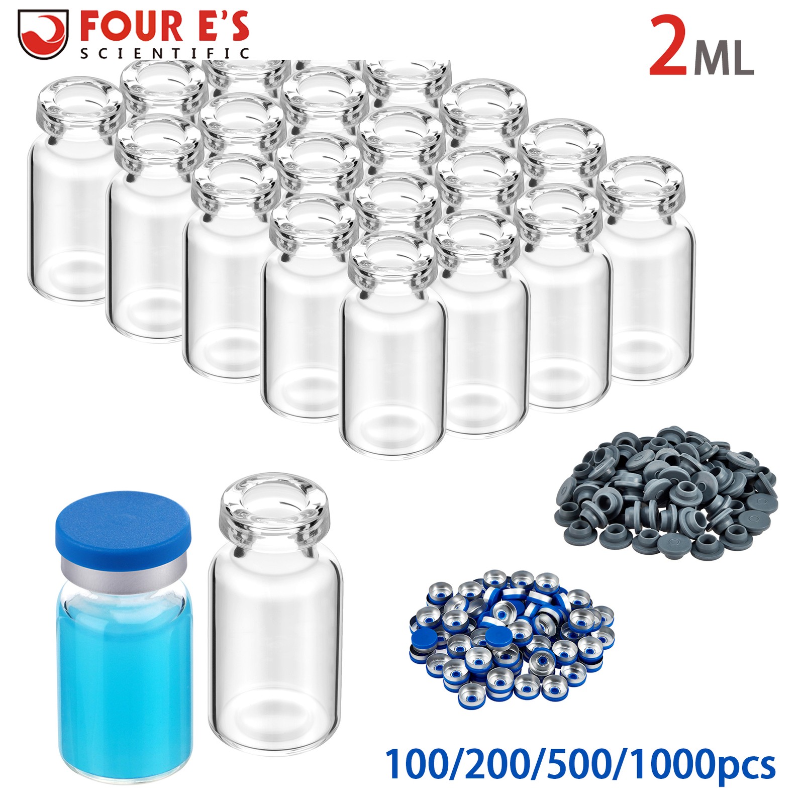 100PCS 2ml Glass Vials Headspace Vials Lab Vials w/ Caps Crimp Top Flat Bottom