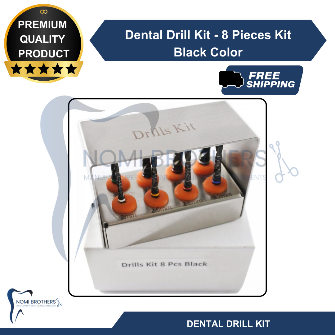 8-Piece Titanium Coated Dental Drill Kit – Black, CE Certified, Autoclavable