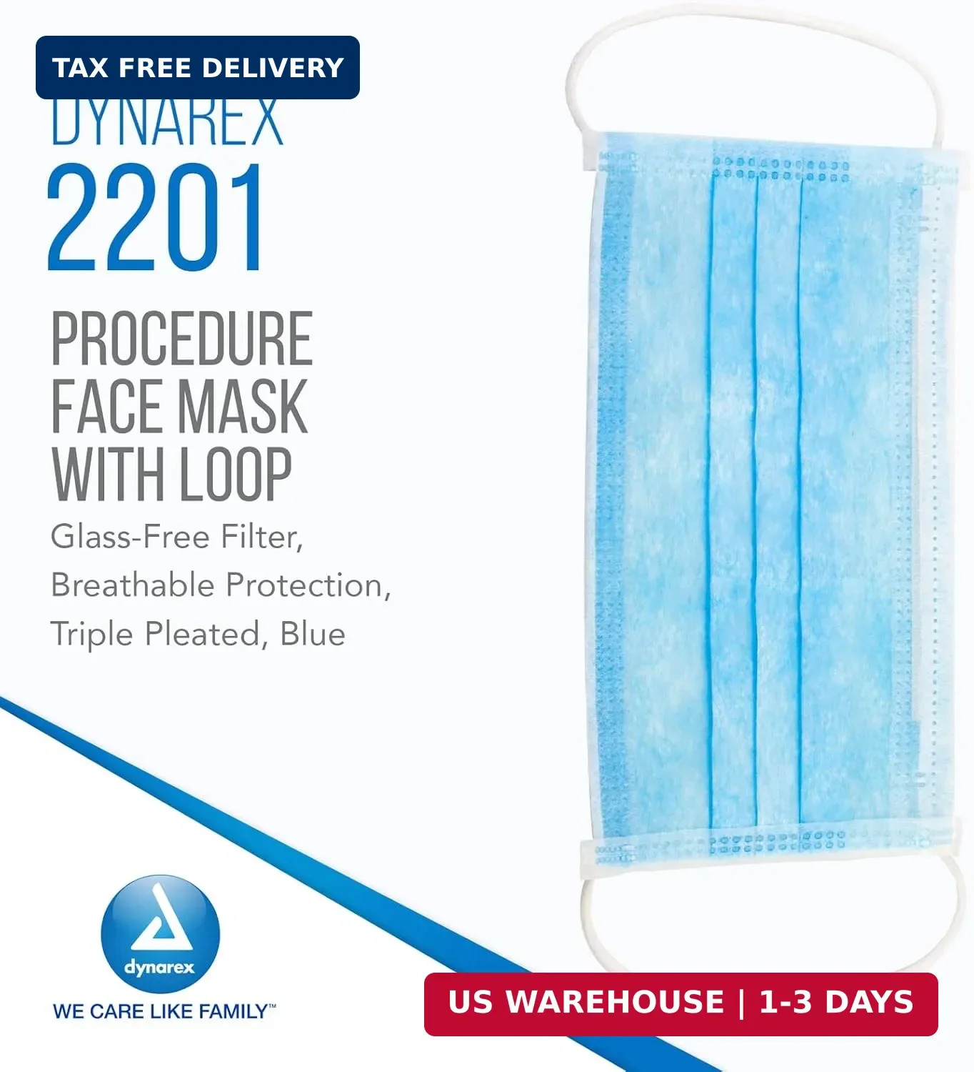 Dynarex Procedure Face Mask – with Ear Loop Blue 12/50/Cs