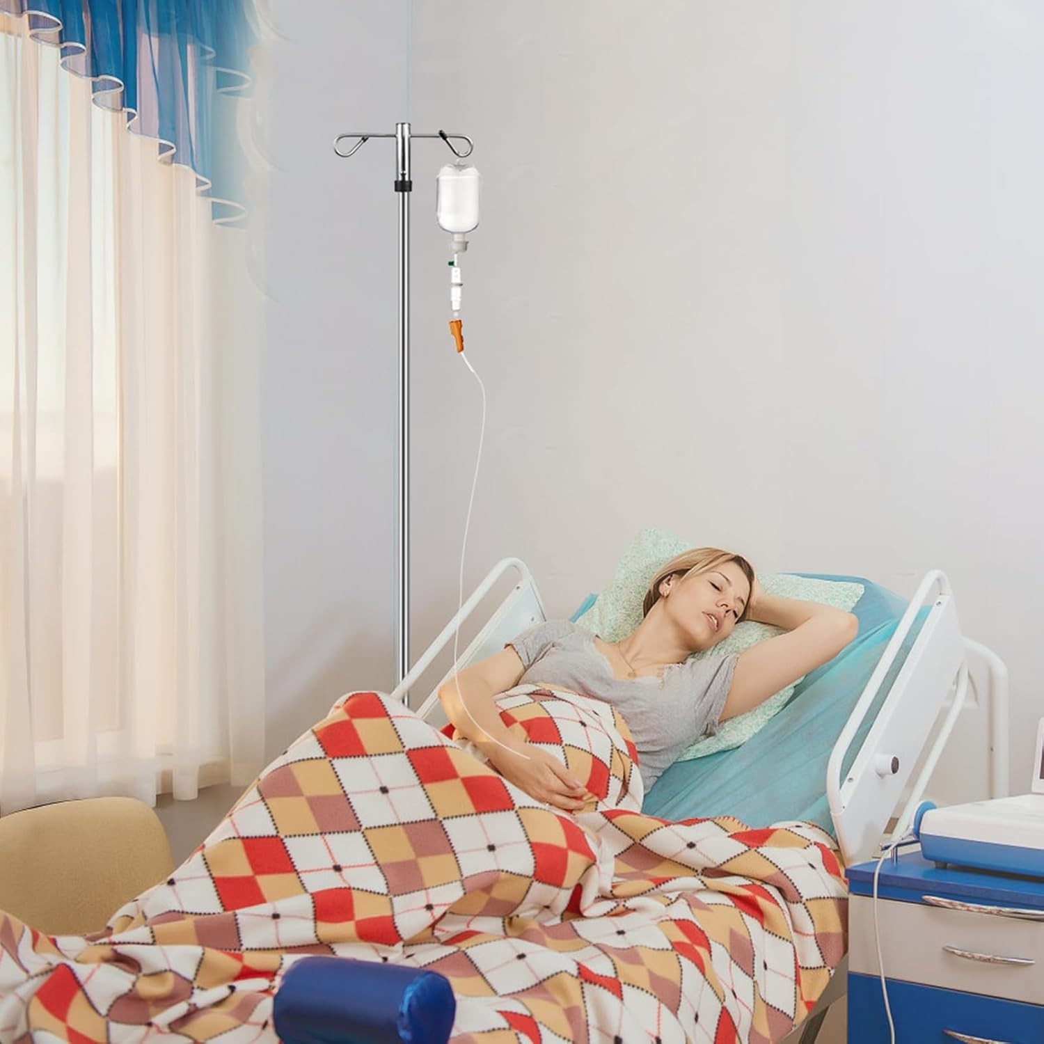 Adjustable IV Pole with 5-Wheel Base & Detachable Hooks – Ideal for Home Care