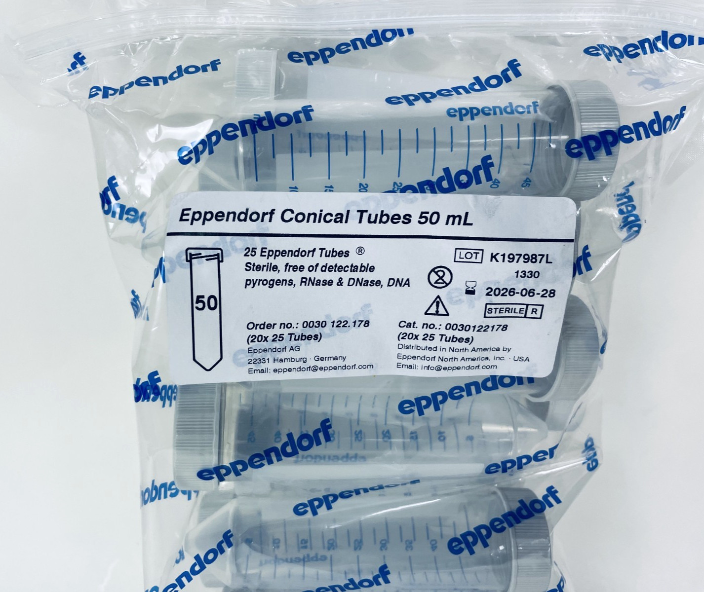 Eppendorf Conical Tubes 50mL Sterile PP Screw Cap Colorless 25/PK 0030122178