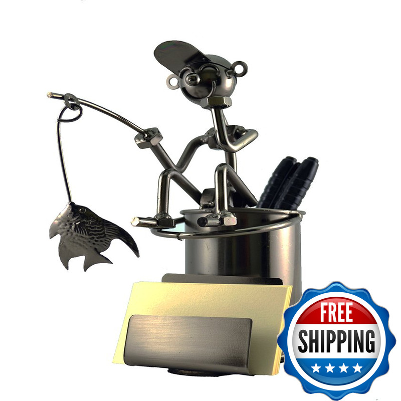 Wine Bodies Handmade Metal Fisherman Fishing Business Card And Pen Holder