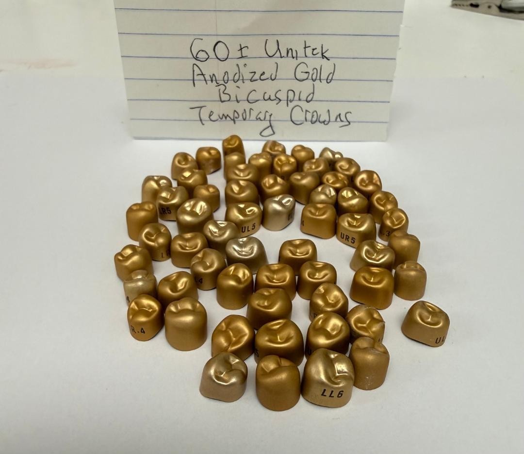 60+ UNITEK GOLD ANODIZED TEMPORARY BICUSPID DENTAL CROWN MIX LOT NEW OUT OF BOX