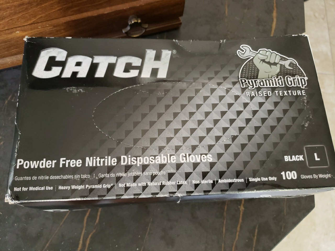 CATCH Nitrile Disposable Gloves w/ Pyramid Grip Texture Black Box of 100 large