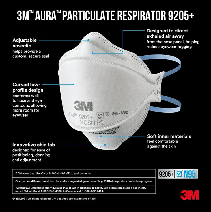 3M Aura 9205+ NIOSH N95 Approved Particulate Respirator Face Mask Multi Propouse