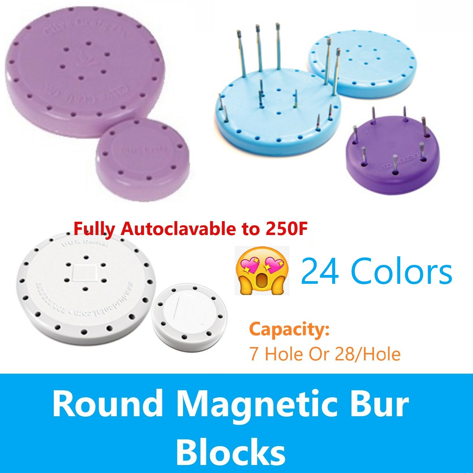 Magnetic Bur Block Holder, FG & RA, FGOS, 7 Hole or 28 Hole, Round, Autoclave