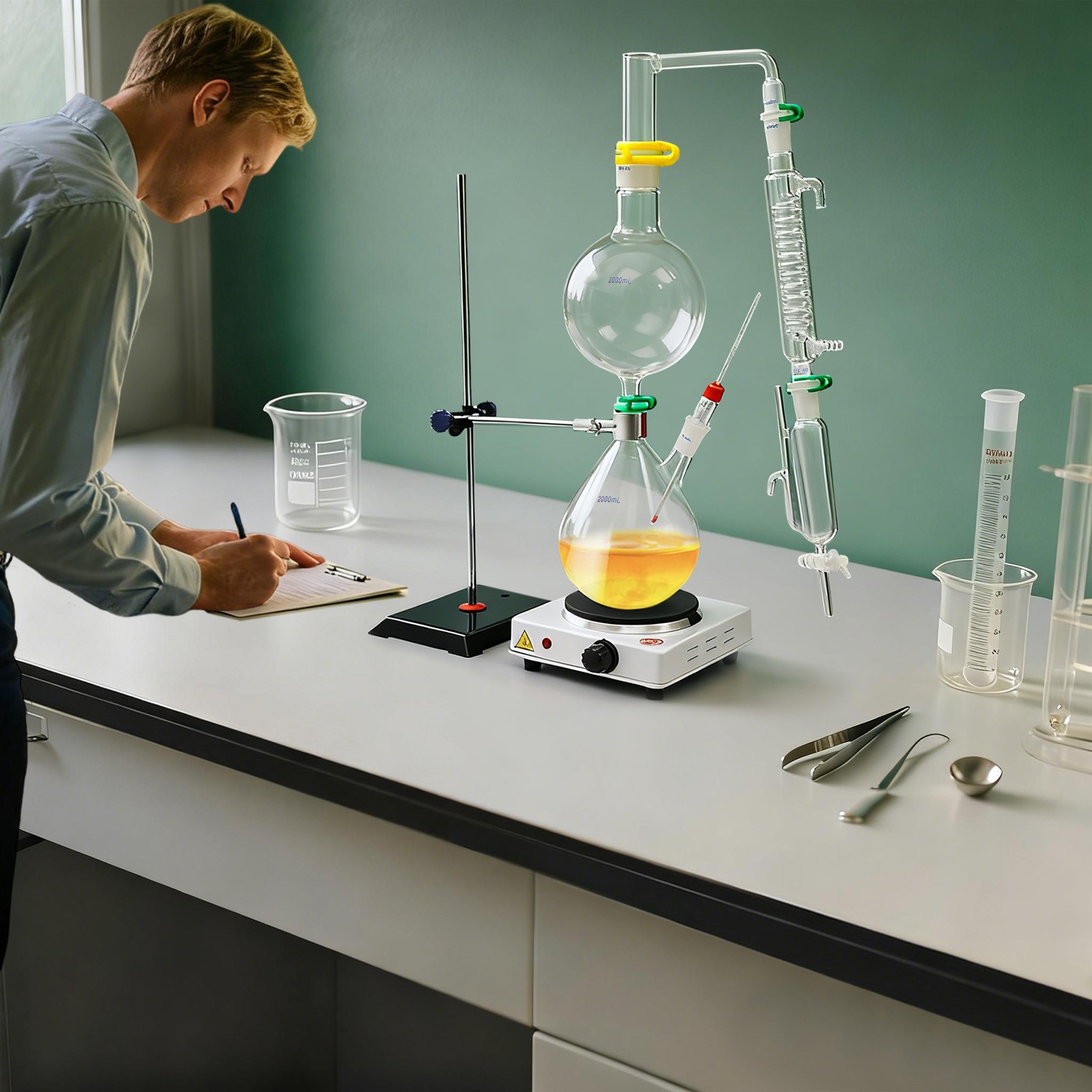 2000ml Glass Distillation Kit with 1000W Heating Plate Essential Oil Lab Plug