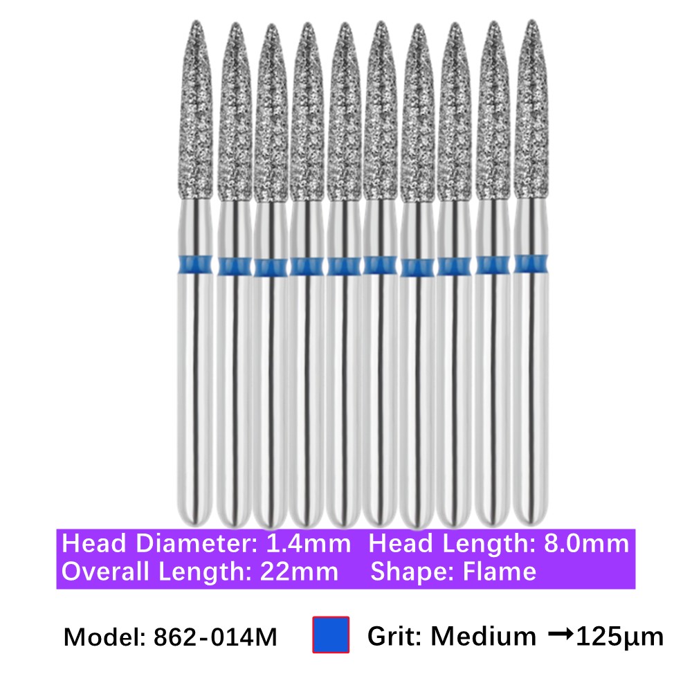 10/Pk Dental Flame Diamond Burs FG 862-014M Medium Grit High Speed Handpiece