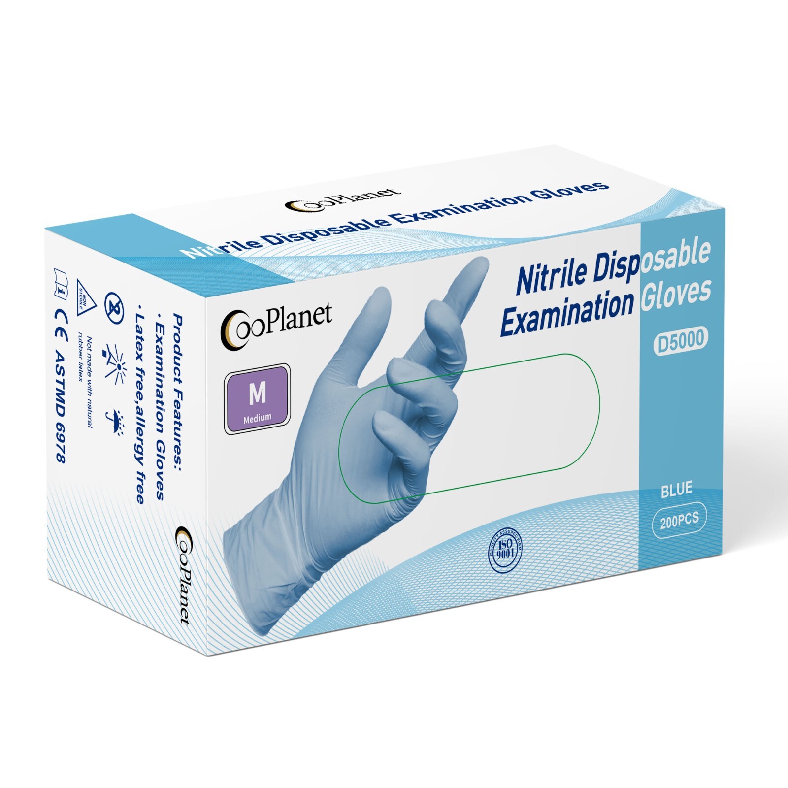 CooPlanet Blue Nitrile Disposable Exam Gloves, Latex-Free, 4.3 Mil, Box of 200