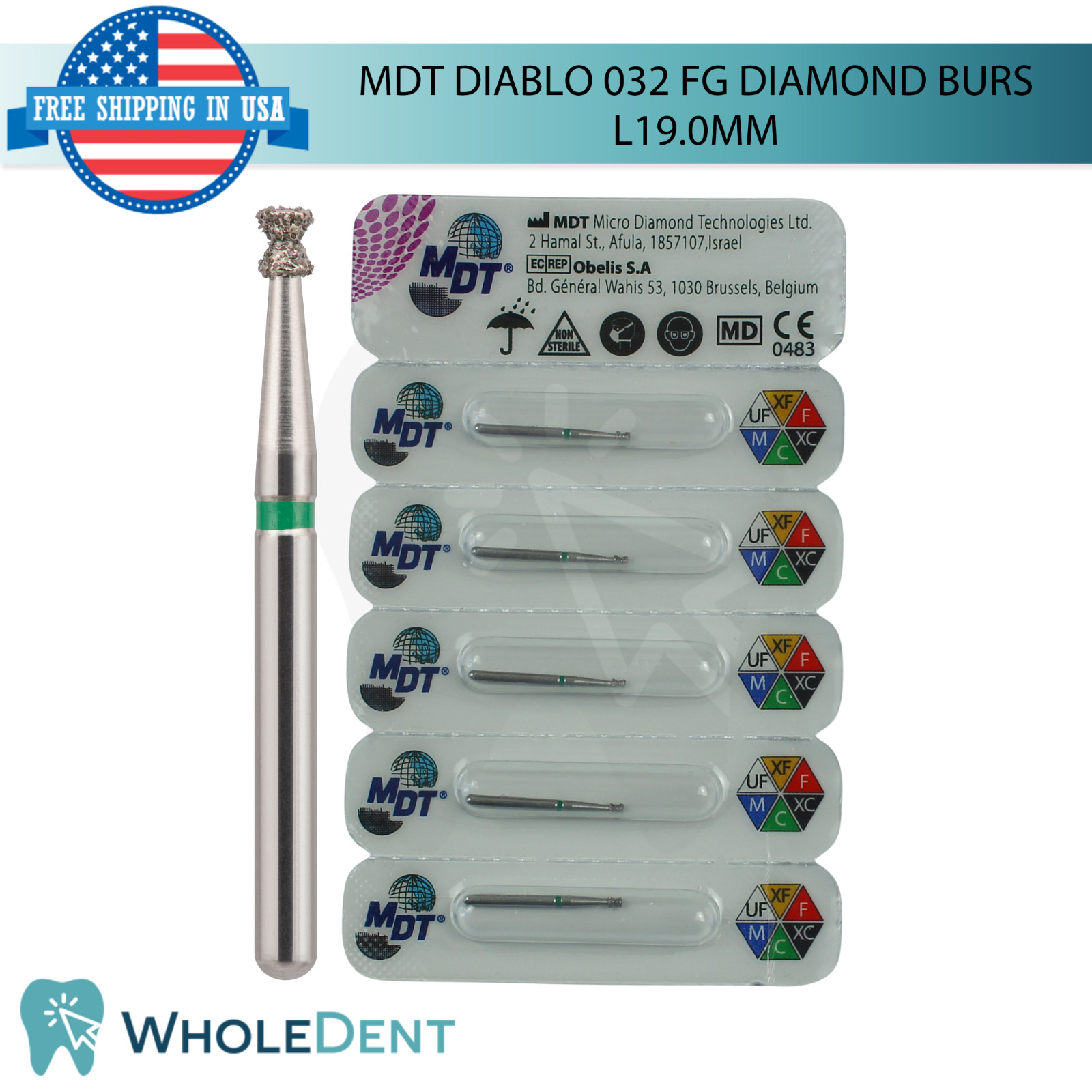 Dental MDT Diablo 032 FG Diamond Burs L19.0mm Ø1.4mmX2.3mm Fine Contouring