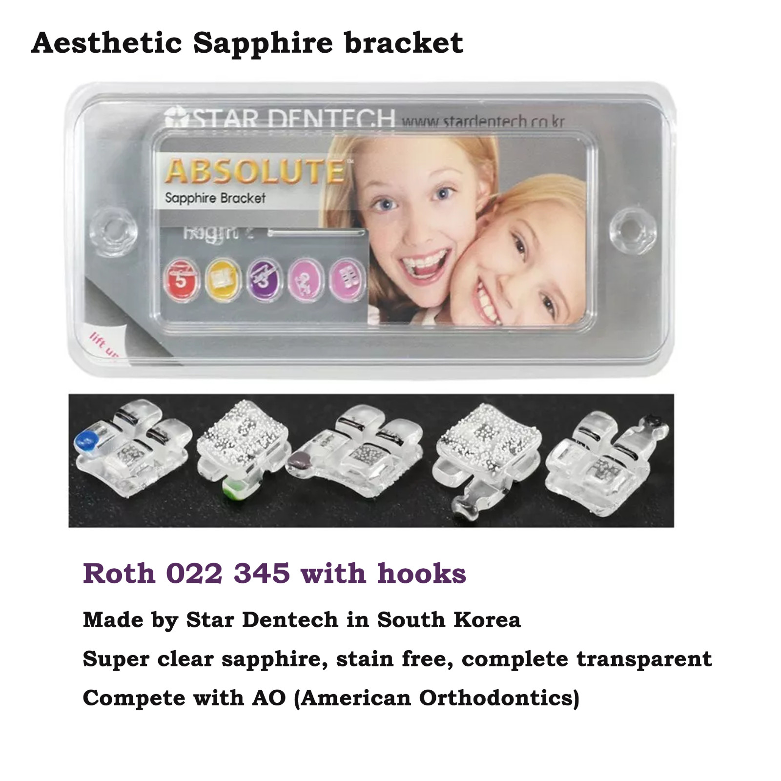 ABSOLUTE Dental Orthodontic Ceramic Brackets Clear Braces Roth. 022 345 Hooks