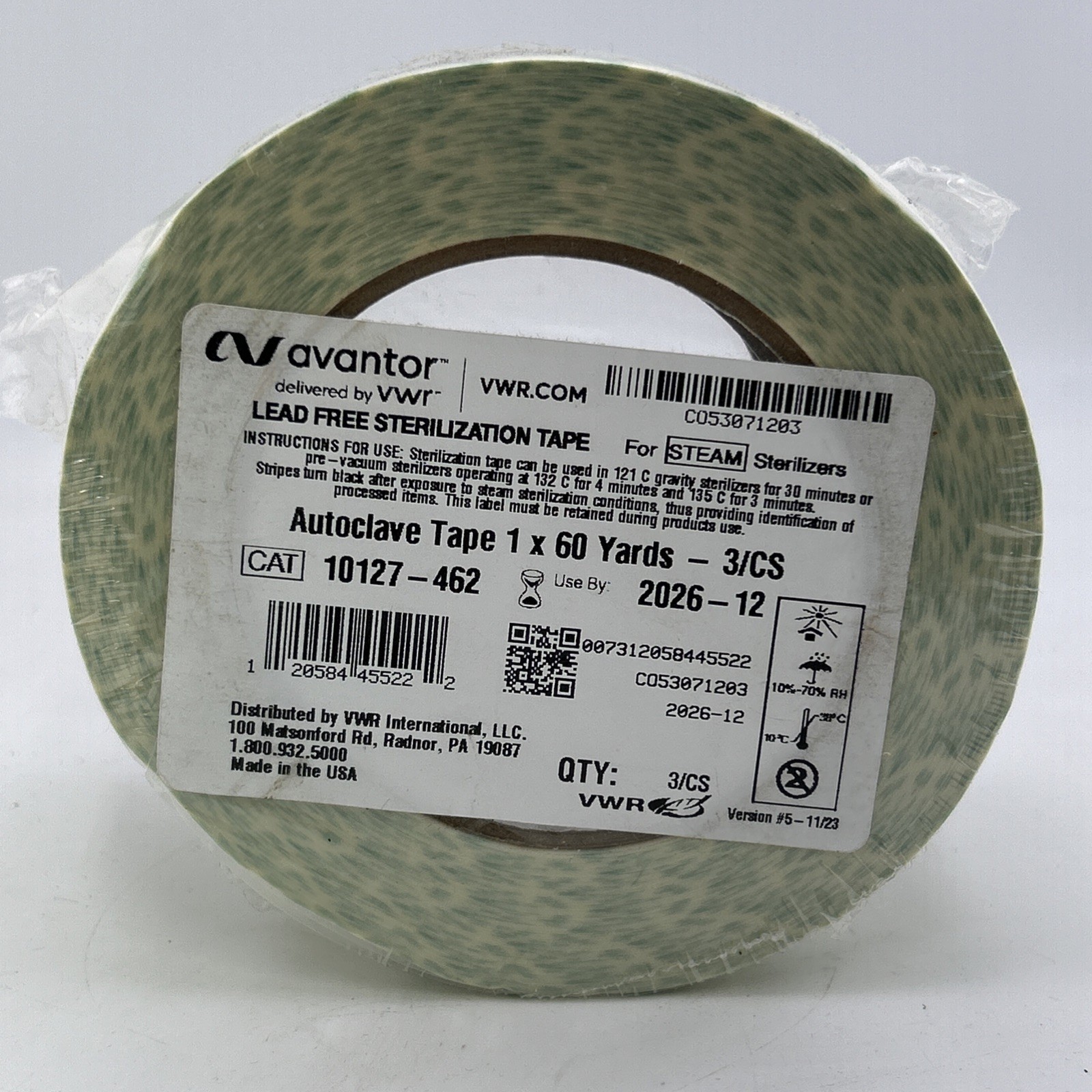 Lot of 3 – VWR – 10127-462 TAPE AUTOCLAVE LEAD FREE 1 in X 60YD. EXP: 12/2026