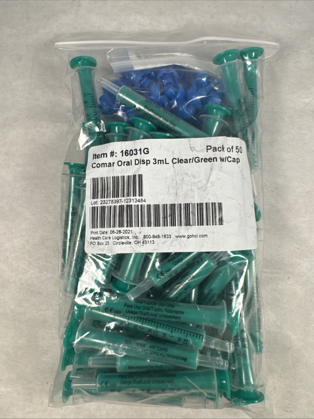 3mL 3cc Oral Medicine Dose Syringe Dispenser Clear Green 50/PK With Cap