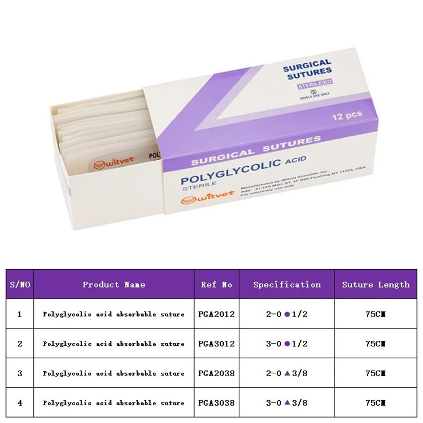 12Pcs Polyglycolic Acid Absorbable Suture PGA 75CM Veterianary Surgical Tools Me