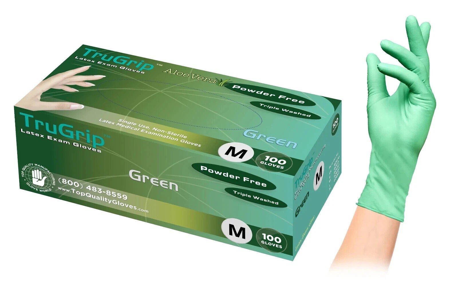 TruGrip Green Small Latex Exam Gloves Powder Free 100 Size S