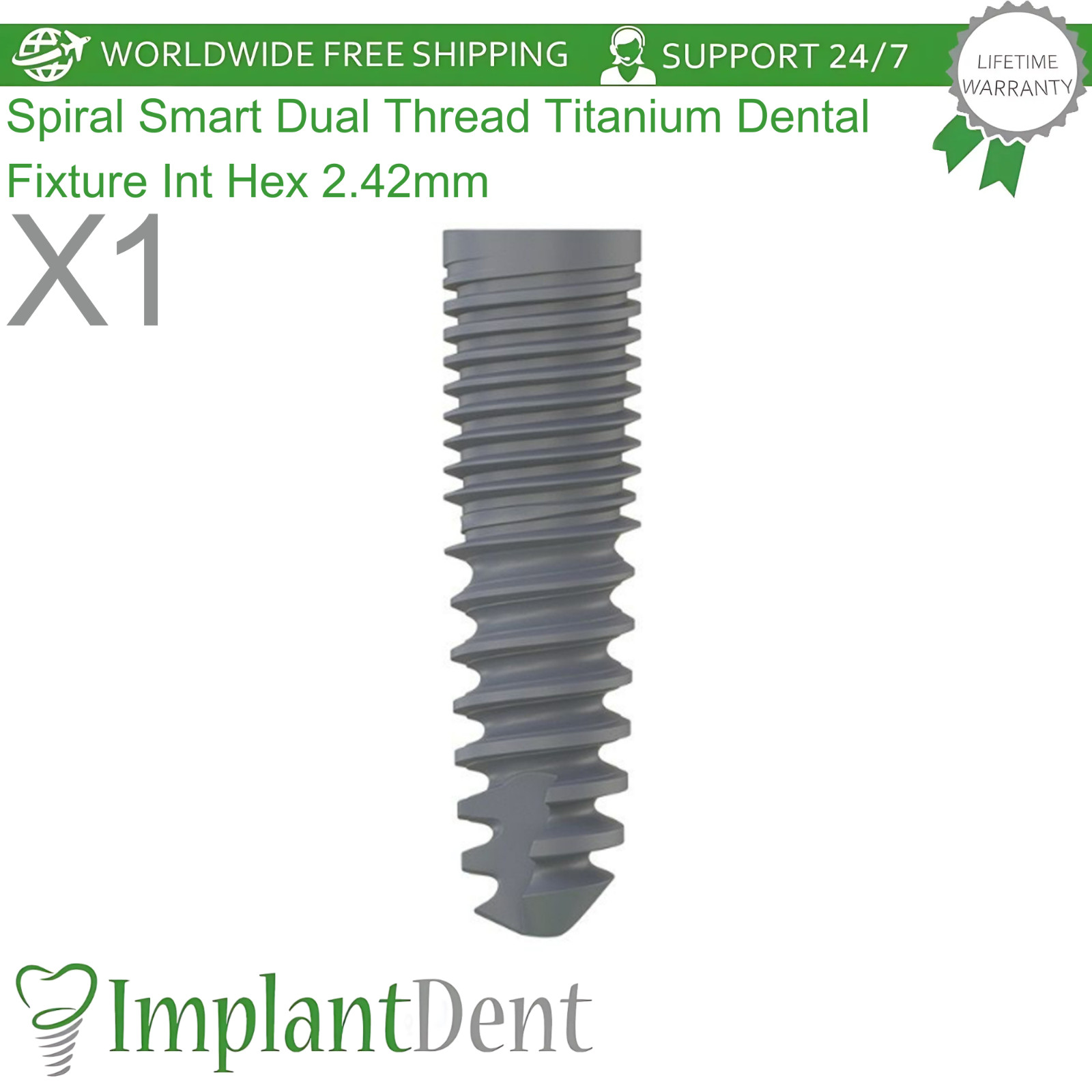 Spiral Smart Dual Thread Titanium Dental Fixture Int Hex 2.42mm Connection