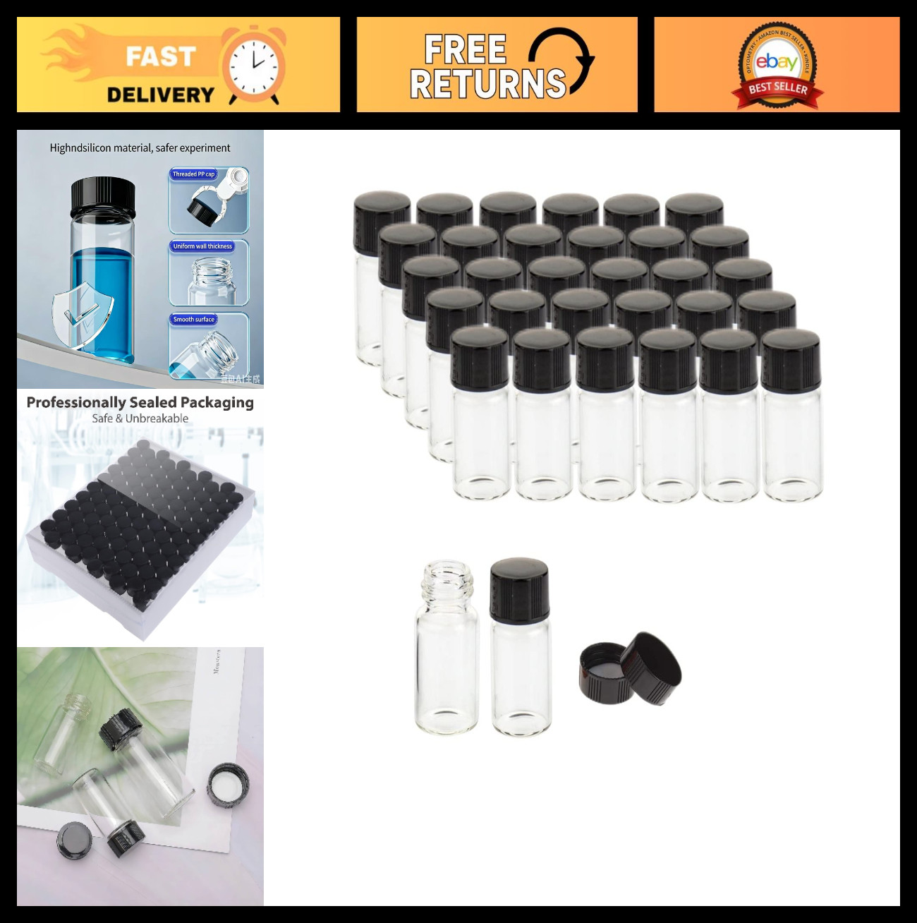 100 Pack 3ml Clear Glass Vials with Screw Caps – Lab Storage Bottles, Borosilica